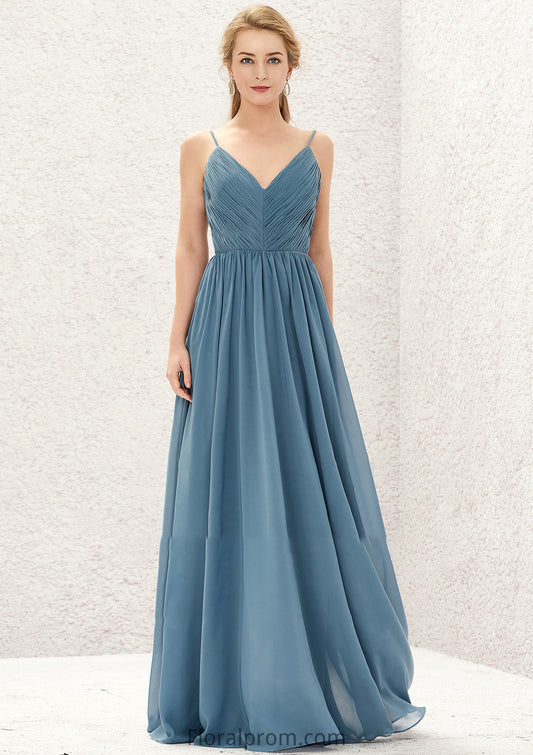 A-line V Neck Sleeveless Chiffon Long/Floor-Length Bridesmaid Dresses With Pleated Janae HJP0025370