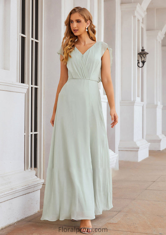 A-line V Neck Sleeveless Long/Floor-Length Chiffon Bridesmaid Dresses With Pleated Split Maggie HJP0025372