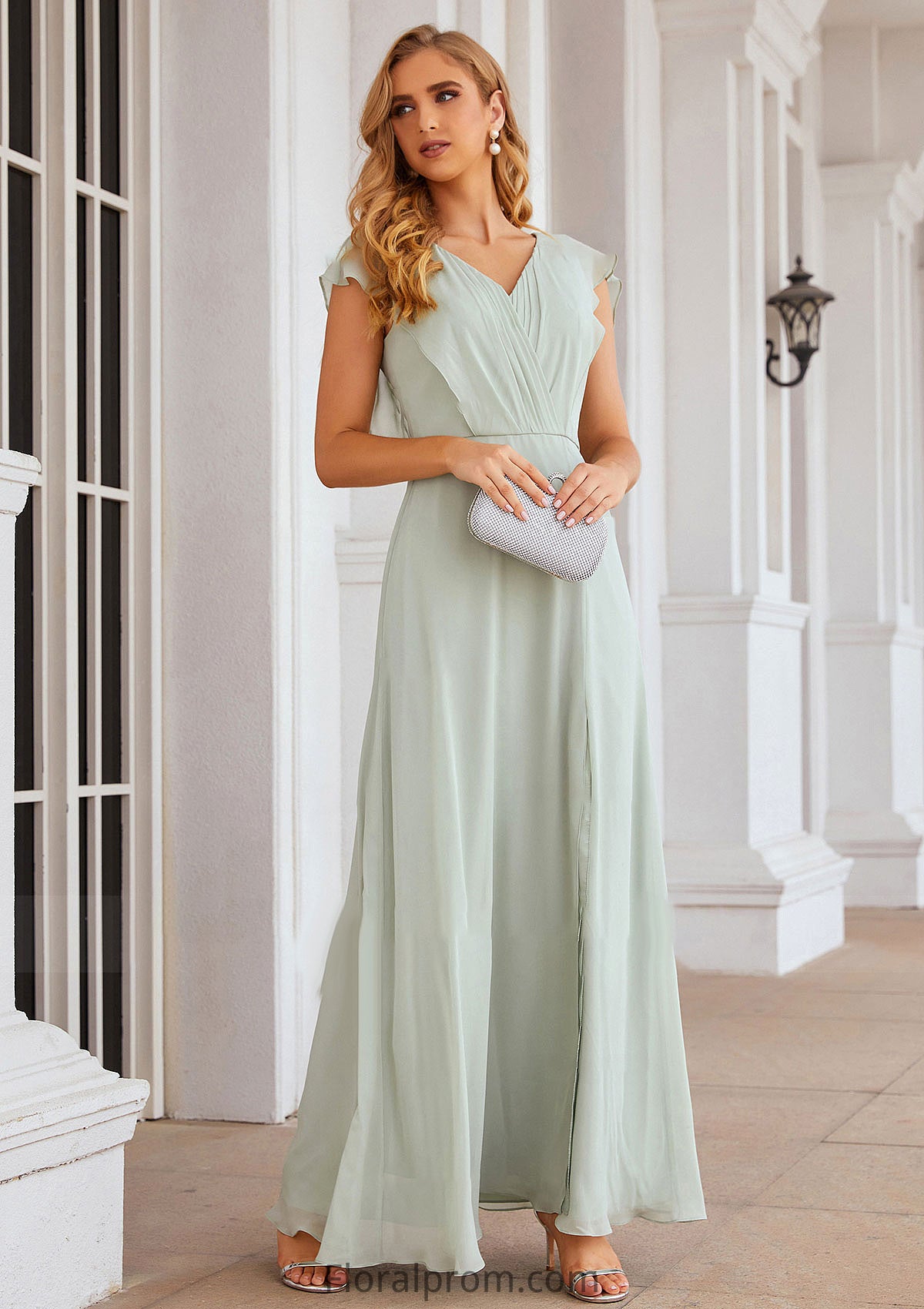 A-line V Neck Sleeveless Long/Floor-Length Chiffon Bridesmaid Dresses With Pleated Split Maggie HJP0025372