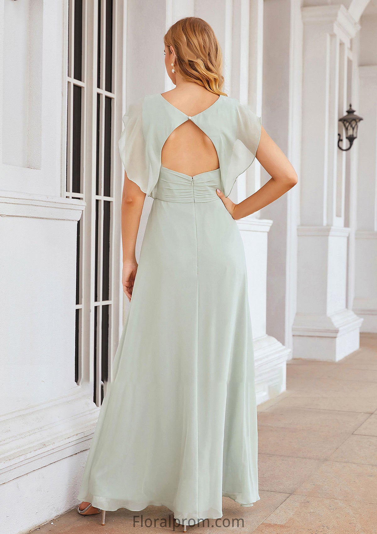 A-line V Neck Sleeveless Long/Floor-Length Chiffon Bridesmaid Dresses With Pleated Split Maggie HJP0025372