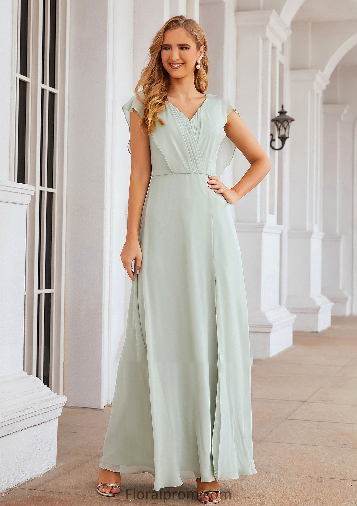 A-line V Neck Sleeveless Long/Floor-Length Chiffon Bridesmaid Dresses With Pleated Split Maggie HJP0025372