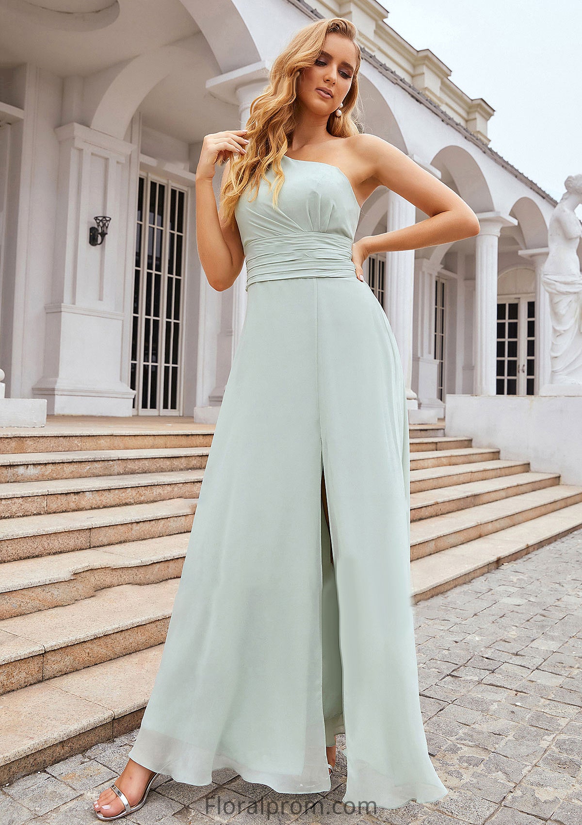 Sheath/Column One-Shoulder Sleeveless Long Chiffon Bridesmaid Dresseses With Pleated Waistband Split Geraldine HJP0025373