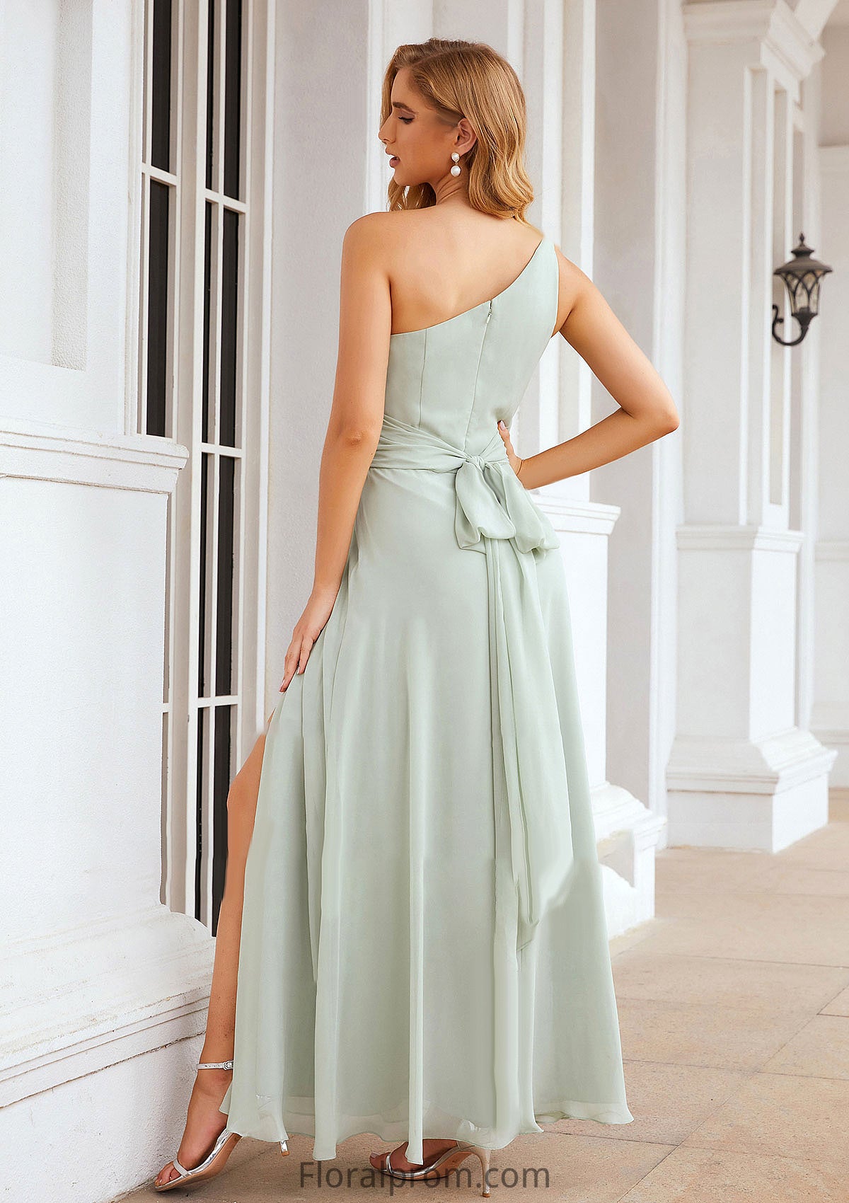 Sheath/Column One-Shoulder Sleeveless Long Chiffon Bridesmaid Dresseses With Pleated Waistband Split Geraldine HJP0025373