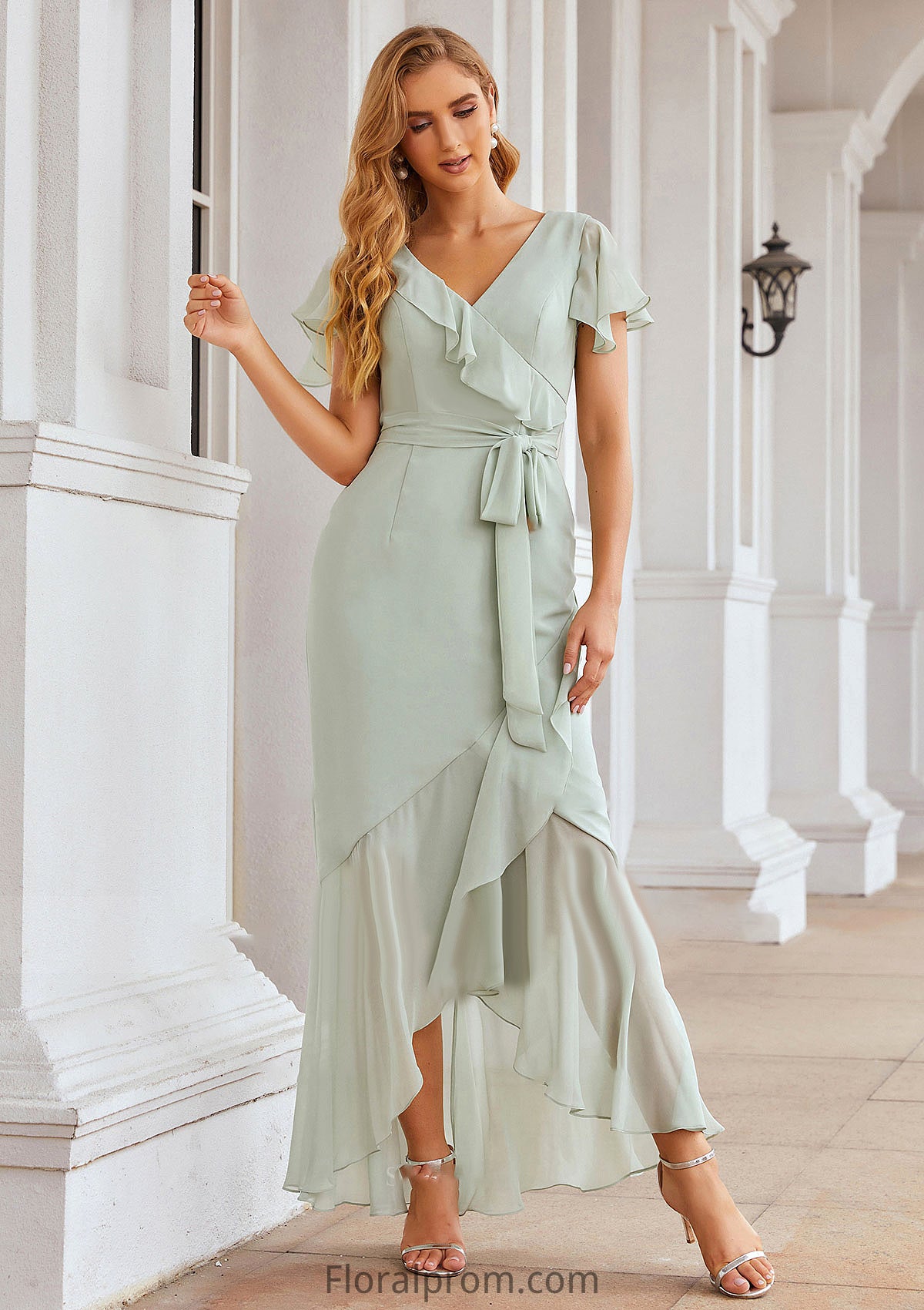 Sheath/Column V Neck Short Sleeve Asymmetrical Chiffon Bridesmaid Dresses With Ruffles Waistband Split Marianna HJP0025375