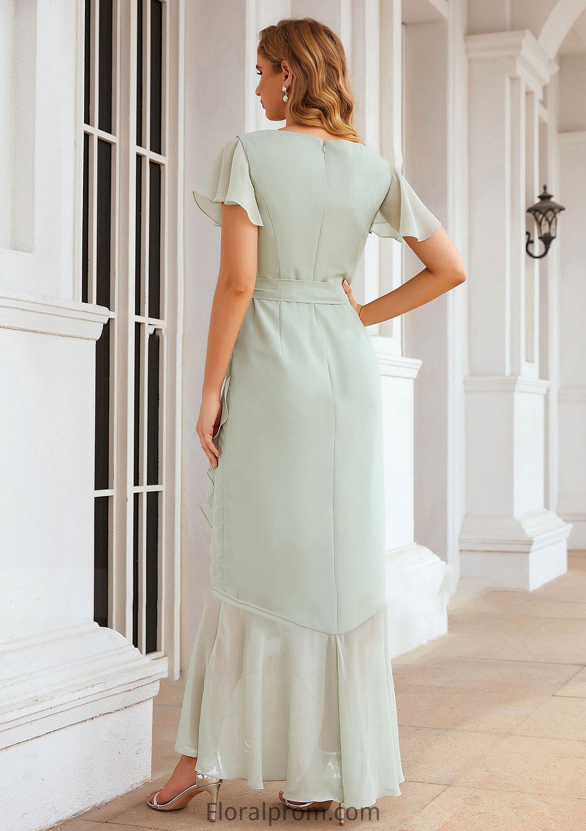 Sheath/Column V Neck Short Sleeve Asymmetrical Chiffon Bridesmaid Dresses With Ruffles Waistband Split Marianna HJP0025375