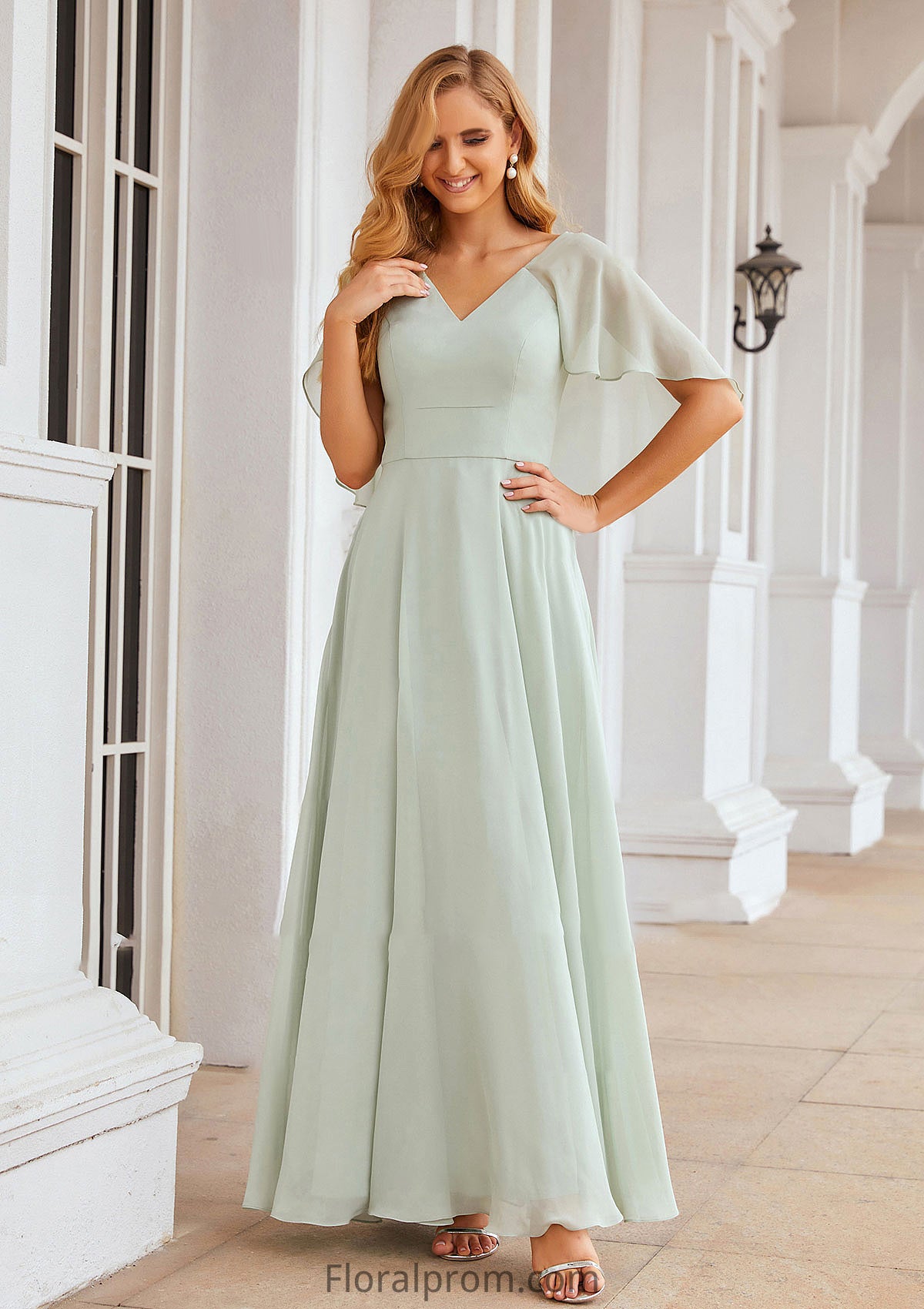 A-line V Neck Short Sleeve Long/Floor-Length Chiffon Bridesmaid Dresses Silvia HJP0025376