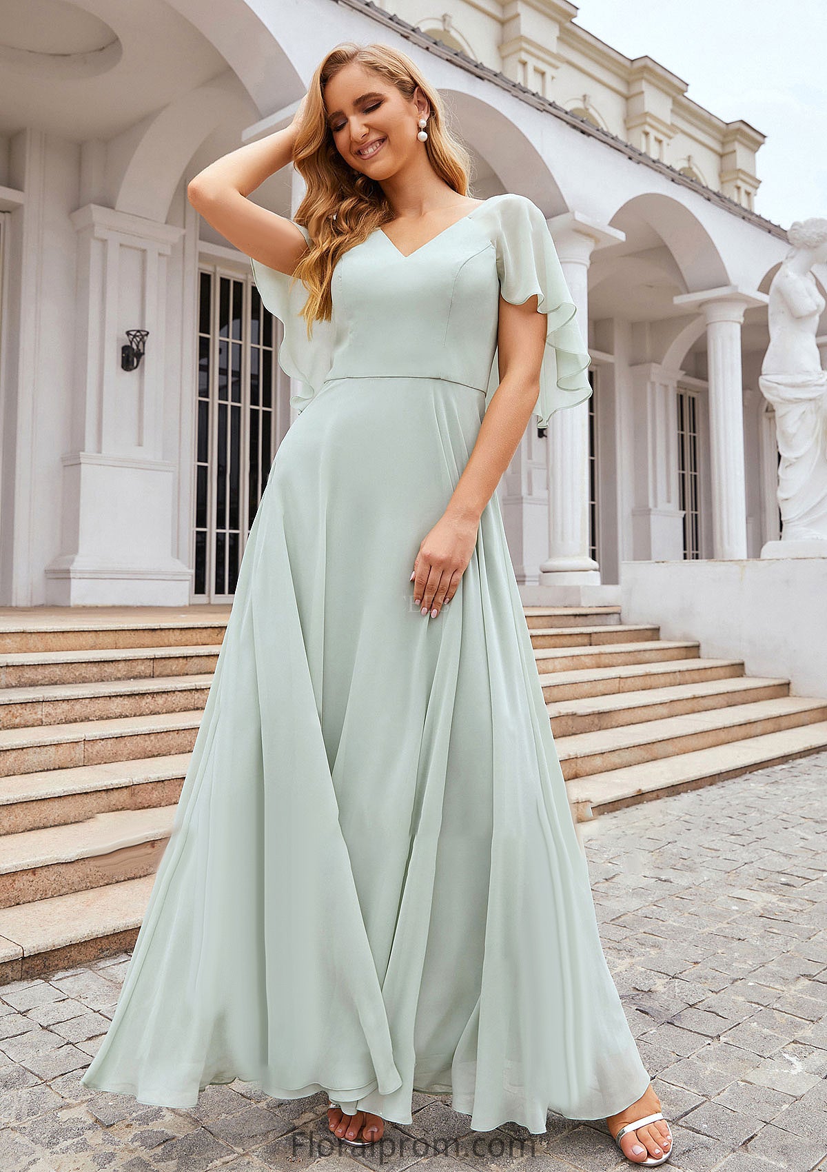 A-line V Neck Short Sleeve Long/Floor-Length Chiffon Bridesmaid Dresses Silvia HJP0025376