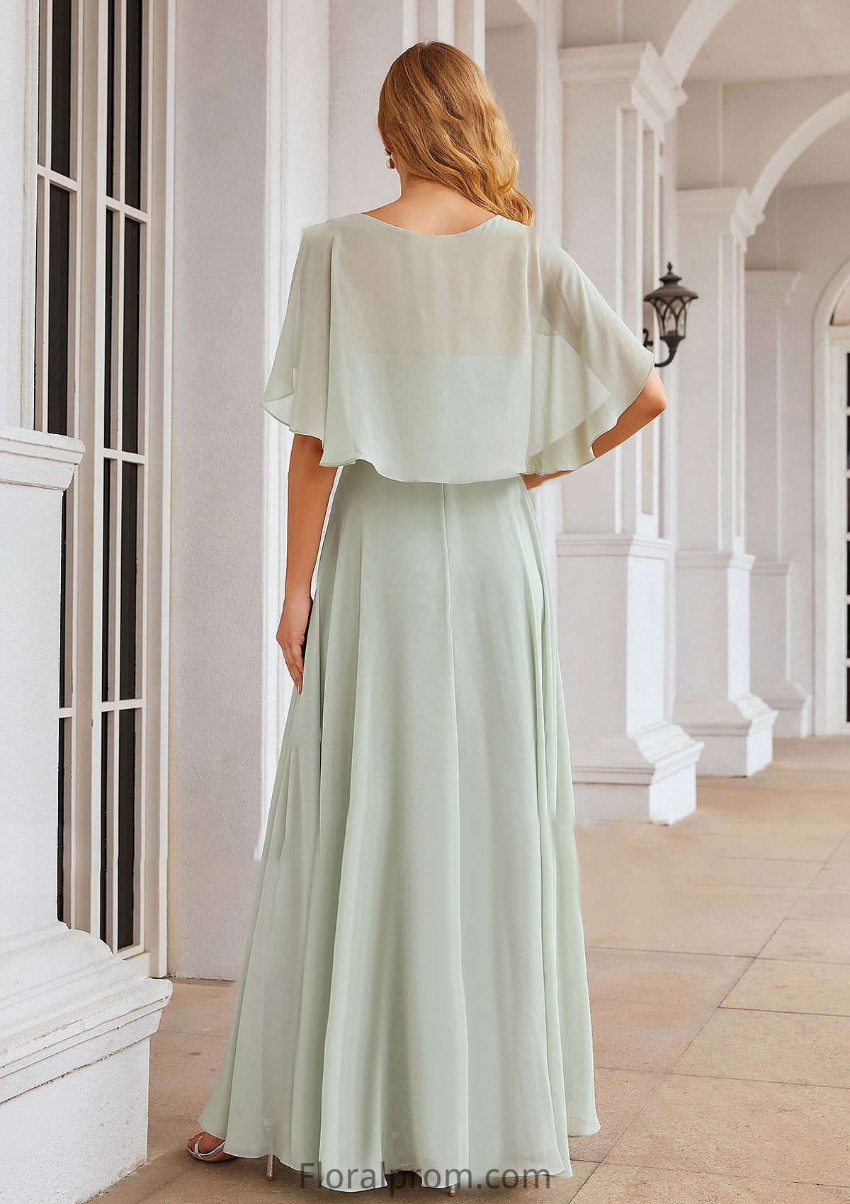 A-line V Neck Short Sleeve Long/Floor-Length Chiffon Bridesmaid Dresses Silvia HJP0025376