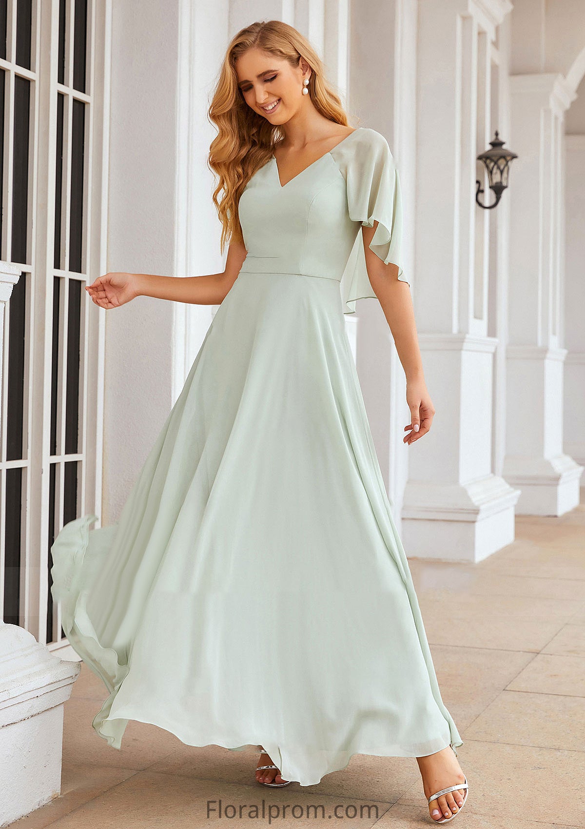 A-line V Neck Short Sleeve Long/Floor-Length Chiffon Bridesmaid Dresses Silvia HJP0025376