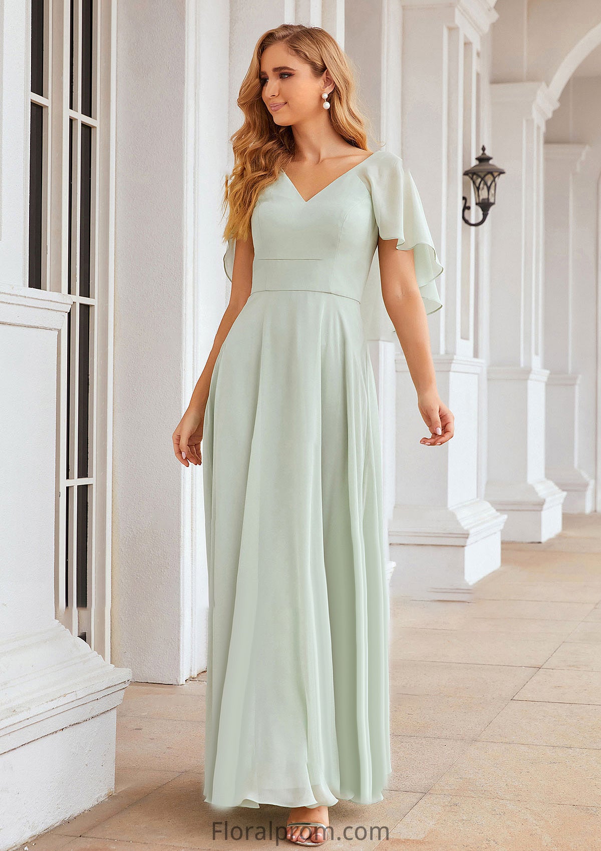 A-line V Neck Short Sleeve Long/Floor-Length Chiffon Bridesmaid Dresses Silvia HJP0025376