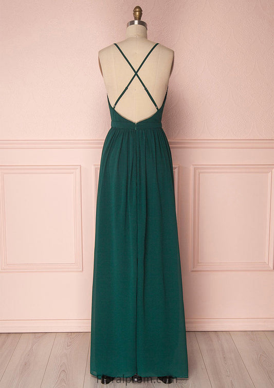 A-line V Neck Sleeveless Long/Floor-Length Chiffon Bridesmaid Dresses With Pleated Maia HJP0025377