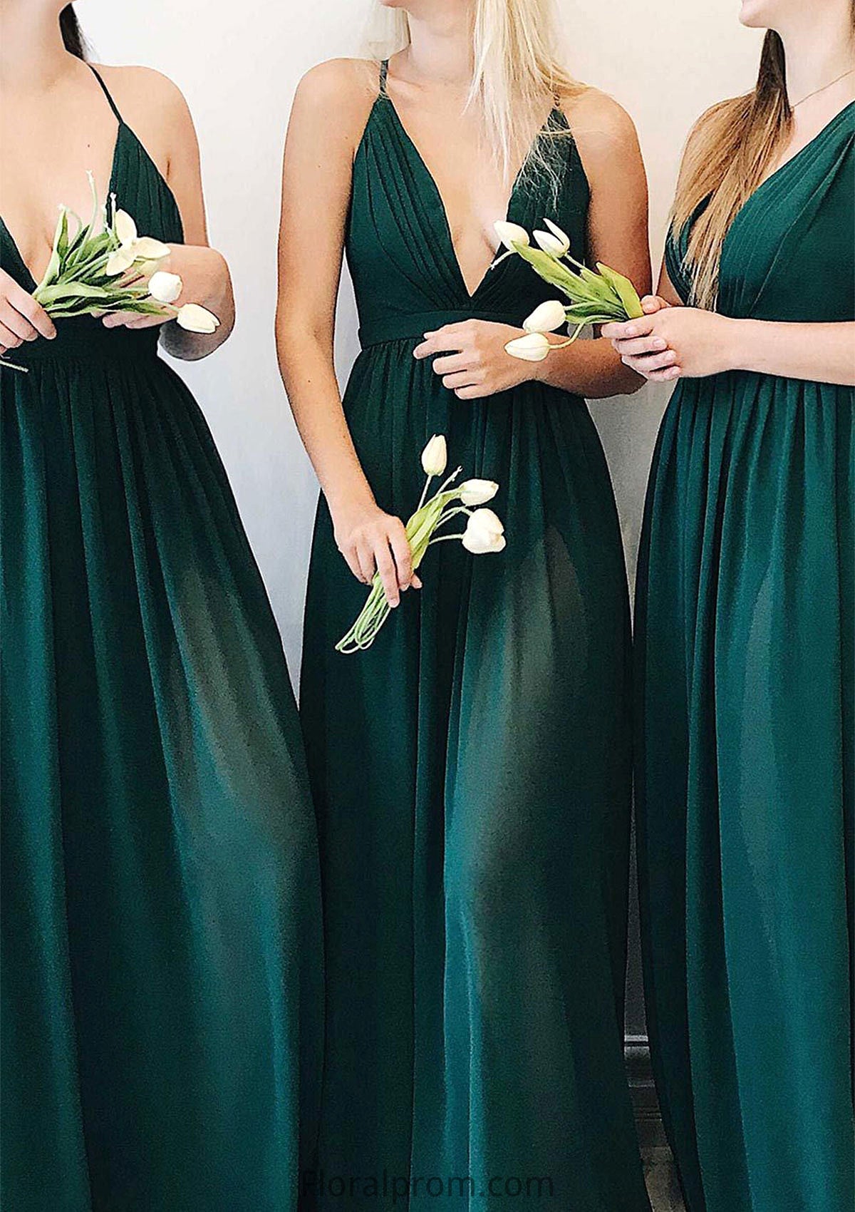 A-line V Neck Sleeveless Long/Floor-Length Chiffon Bridesmaid Dresses With Pleated Maia HJP0025377