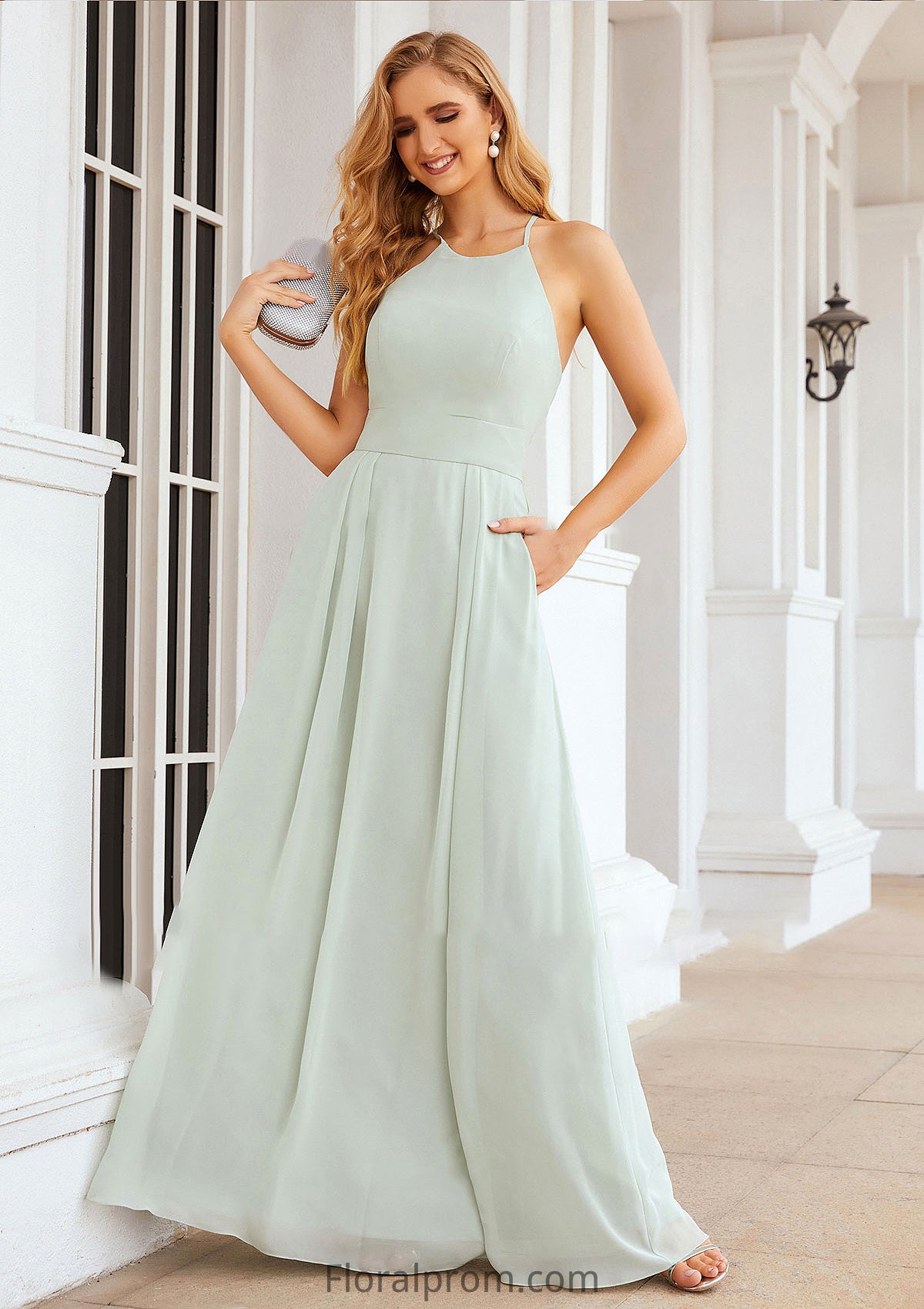 A-line Scoop Neck Sleeveless Long/Floor-Length Chiffon Bridesmaid Dresses With Pleated Pockets Mary HJP0025378