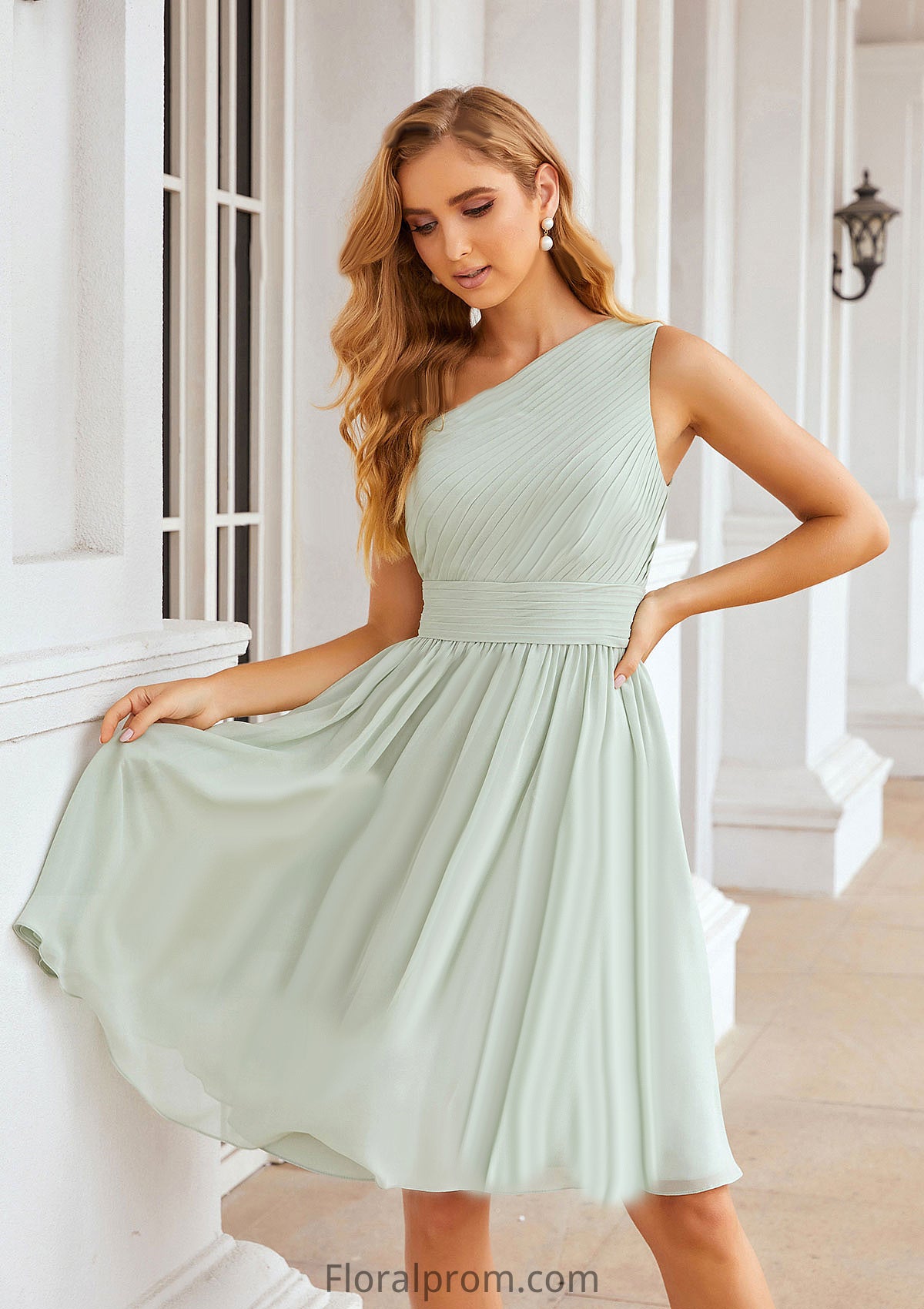 A-line One-Shoulder Sleeveless Chiffon Knee-Length Bridesmaid Dresses With Pleated Kianna HJP0025379