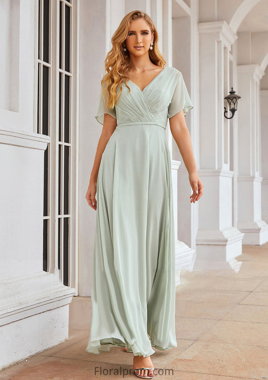 A-line V Neck Short Sleeve Chiffon Long/Floor-Length Bridesmaid Dresses With Pleated Waistband Dayami HJP0025381