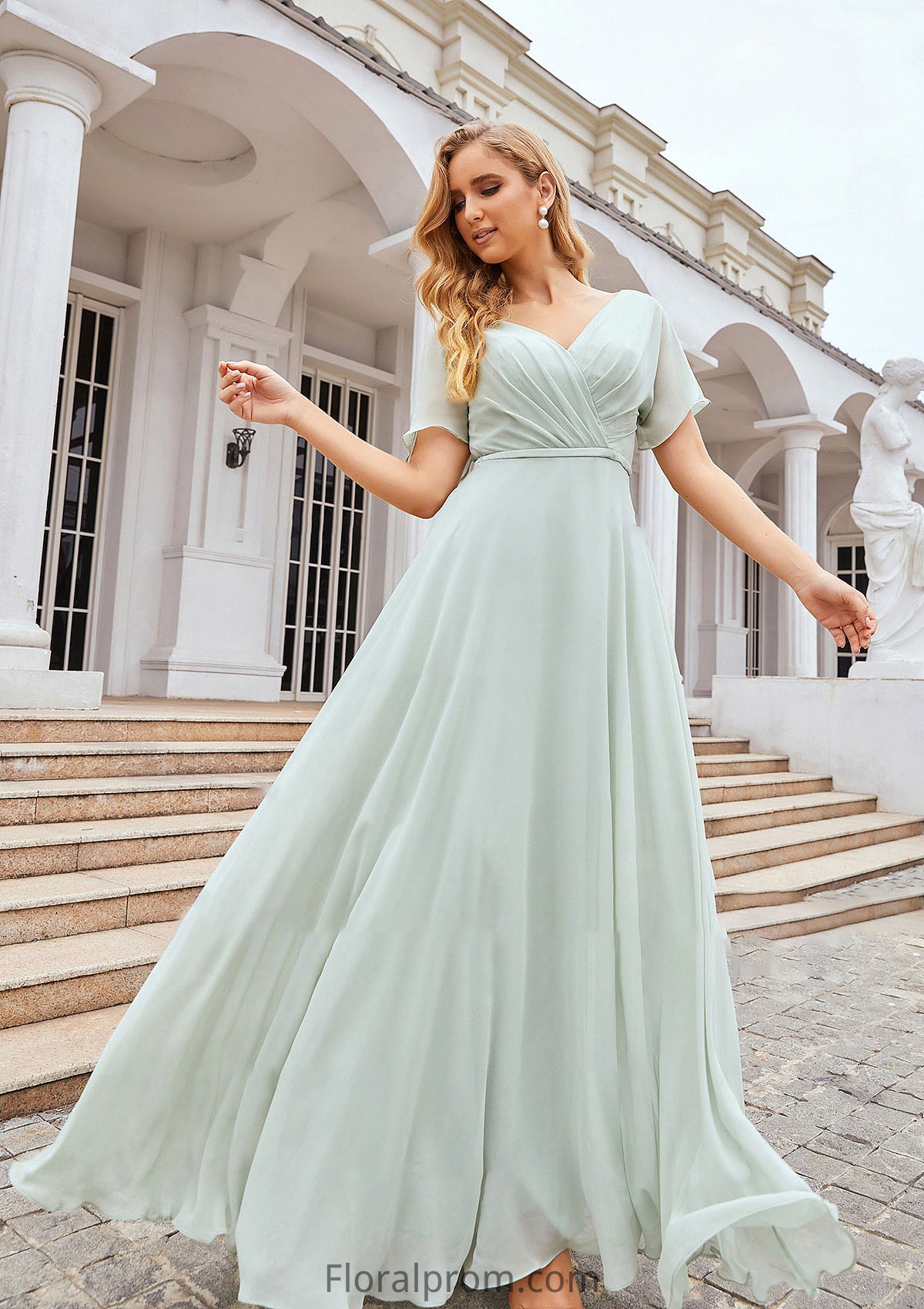 A-line V Neck Short Sleeve Chiffon Long/Floor-Length Bridesmaid Dresses With Pleated Waistband Dayami HJP0025381