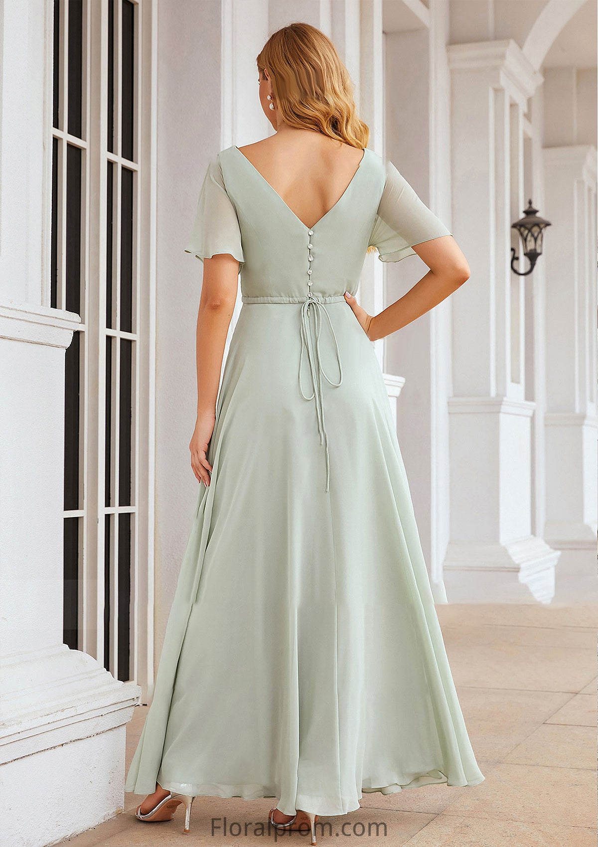 A-line V Neck Short Sleeve Chiffon Long/Floor-Length Bridesmaid Dresses With Pleated Waistband Dayami HJP0025381