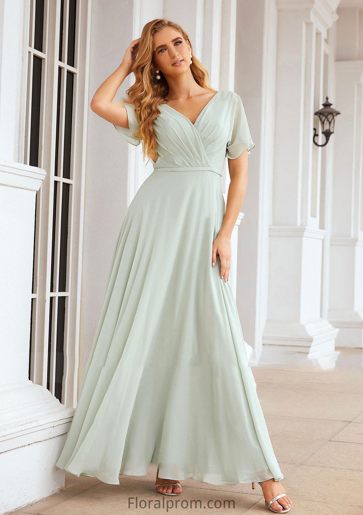 A-line V Neck Short Sleeve Chiffon Long/Floor-Length Bridesmaid Dresses With Pleated Waistband Dayami HJP0025381