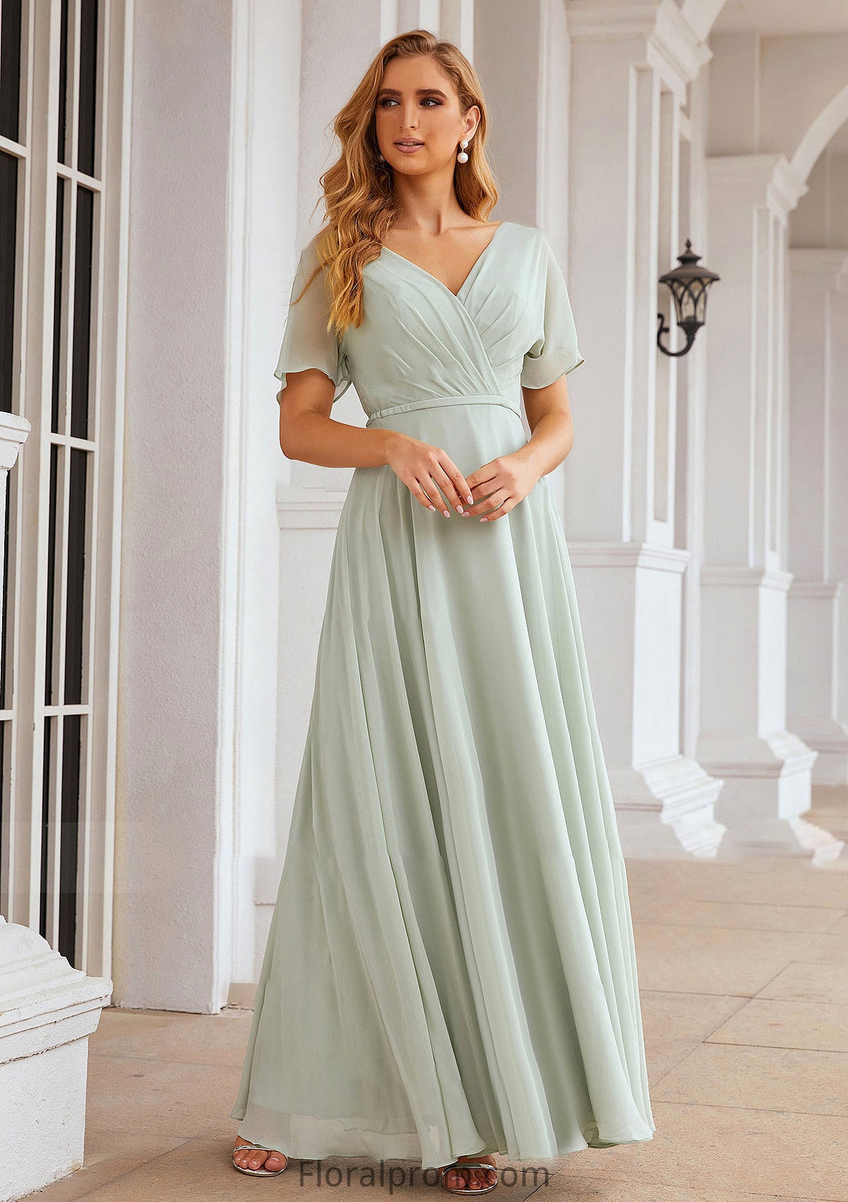 A-line V Neck Short Sleeve Chiffon Long/Floor-Length Bridesmaid Dresses With Pleated Waistband Dayami HJP0025381