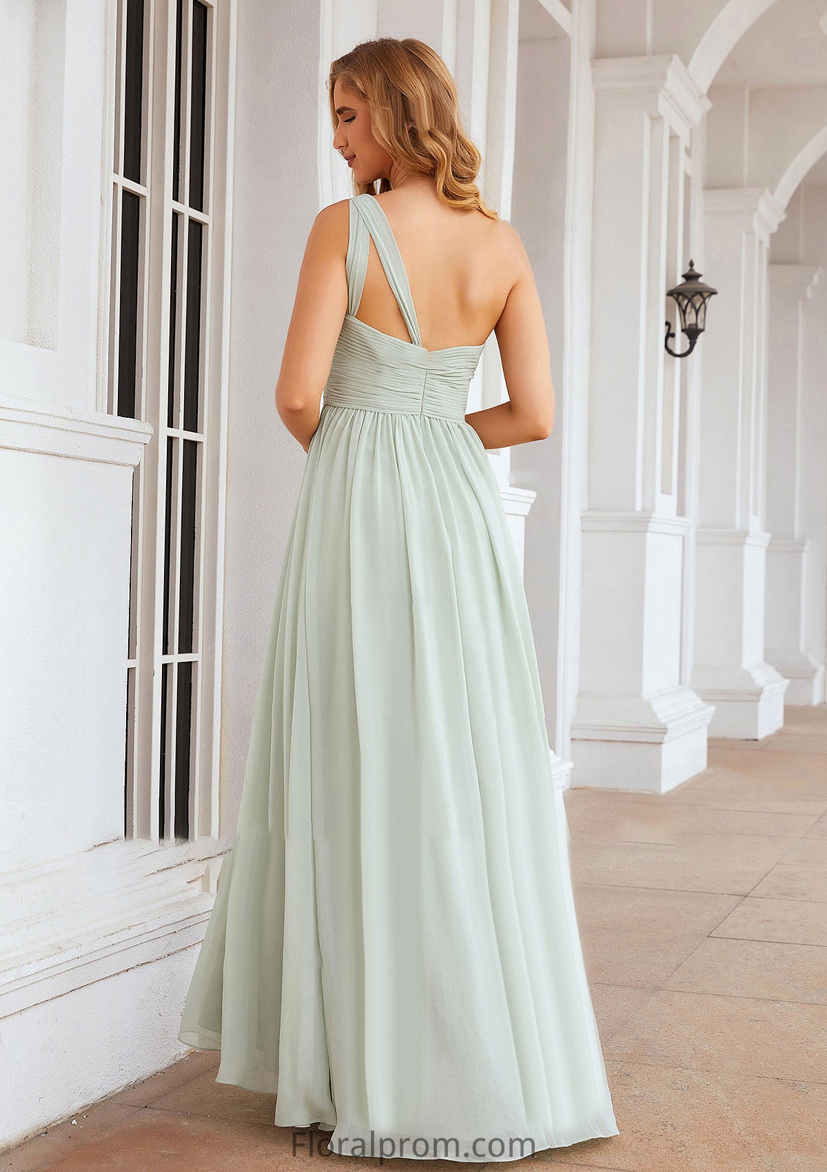 A-line One-Shoulder Sleeveless Chiffon Long/Floor-Length Bridesmaid Dresses With Pleated Myla HJP0025382