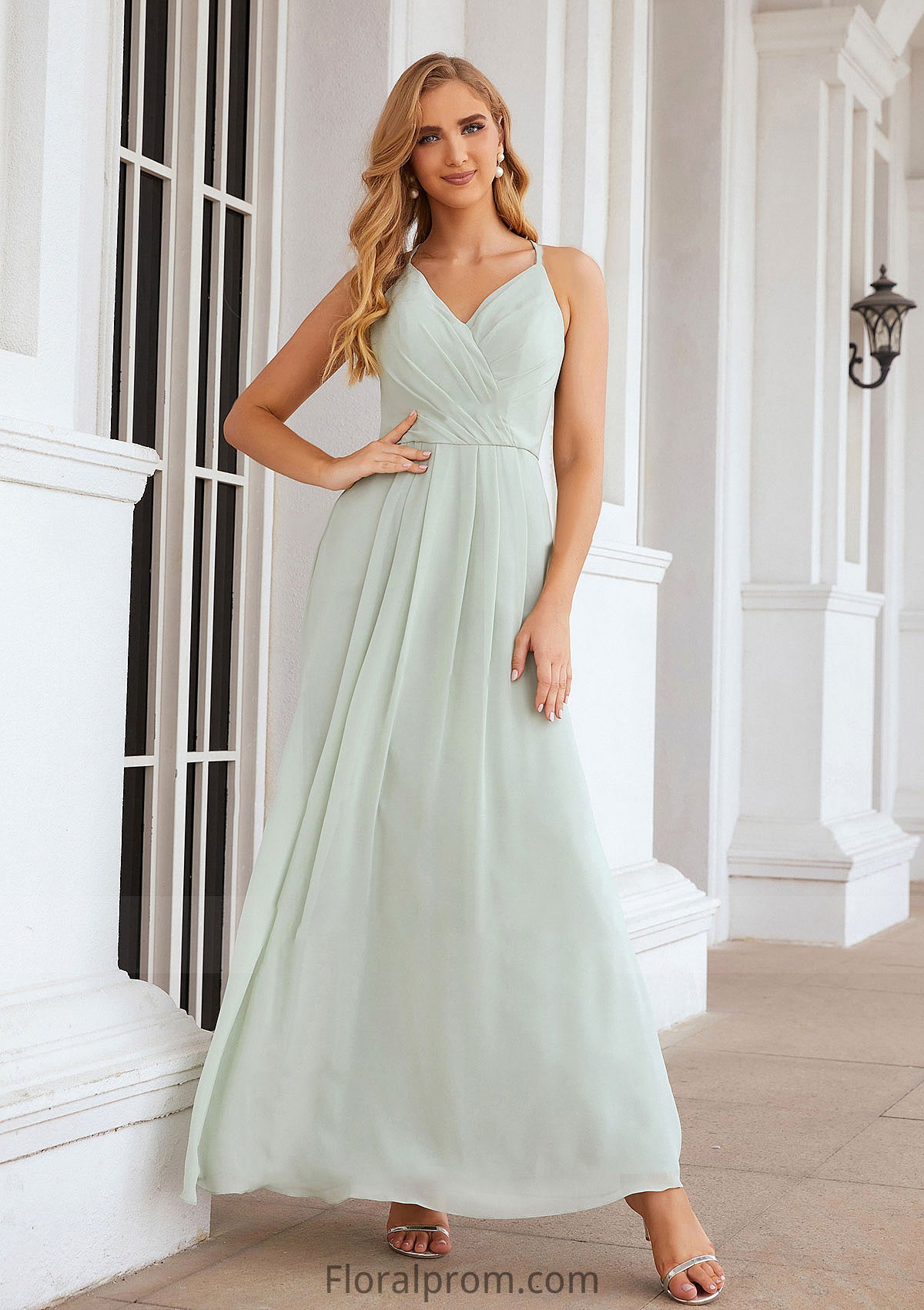 A-line V Neck Sleeveless Chiffon Long/Floor-Length Bridesmaid Dresses With Pleated Elizabeth HJP0025385