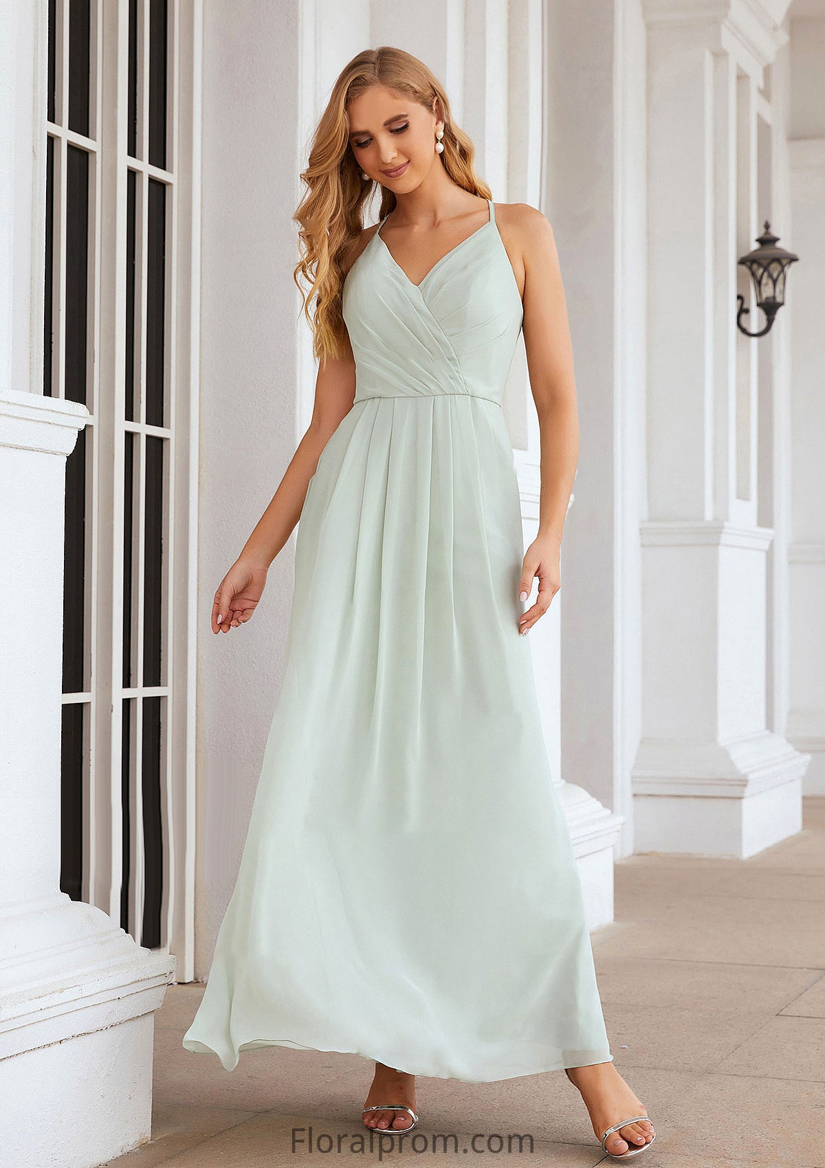 A-line V Neck Sleeveless Chiffon Long/Floor-Length Bridesmaid Dresses With Pleated Elizabeth HJP0025385