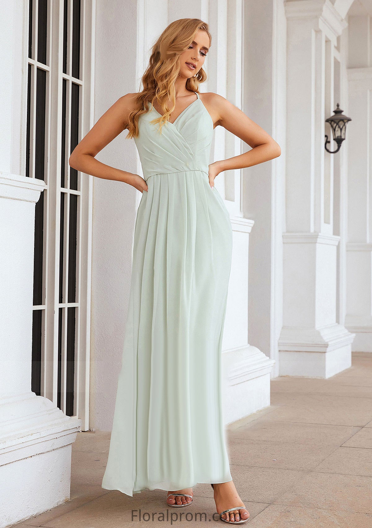 A-line V Neck Sleeveless Chiffon Long/Floor-Length Bridesmaid Dresses With Pleated Elizabeth HJP0025385