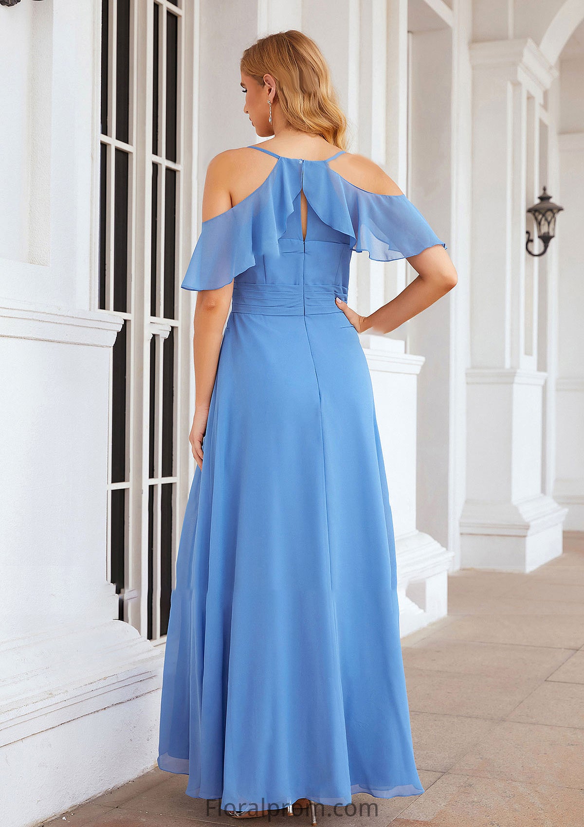 A-line V Neck Sleeveless Chiffon Long/Floor-Length Bridesmaid Dresses With Pleated Split Evie HJP0025388