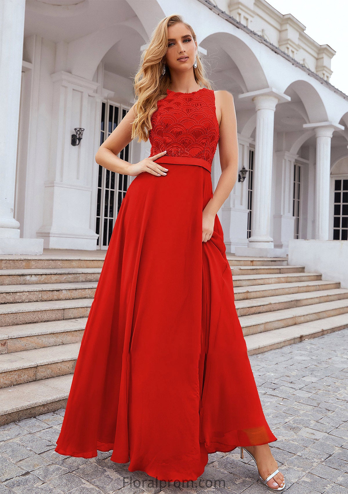 A-line Empire Scalloped Neck Sleeveless Chiffon Long/Floor-Length Bridesmaid Dresses With Beading Sequins Giovanna HJP0025392