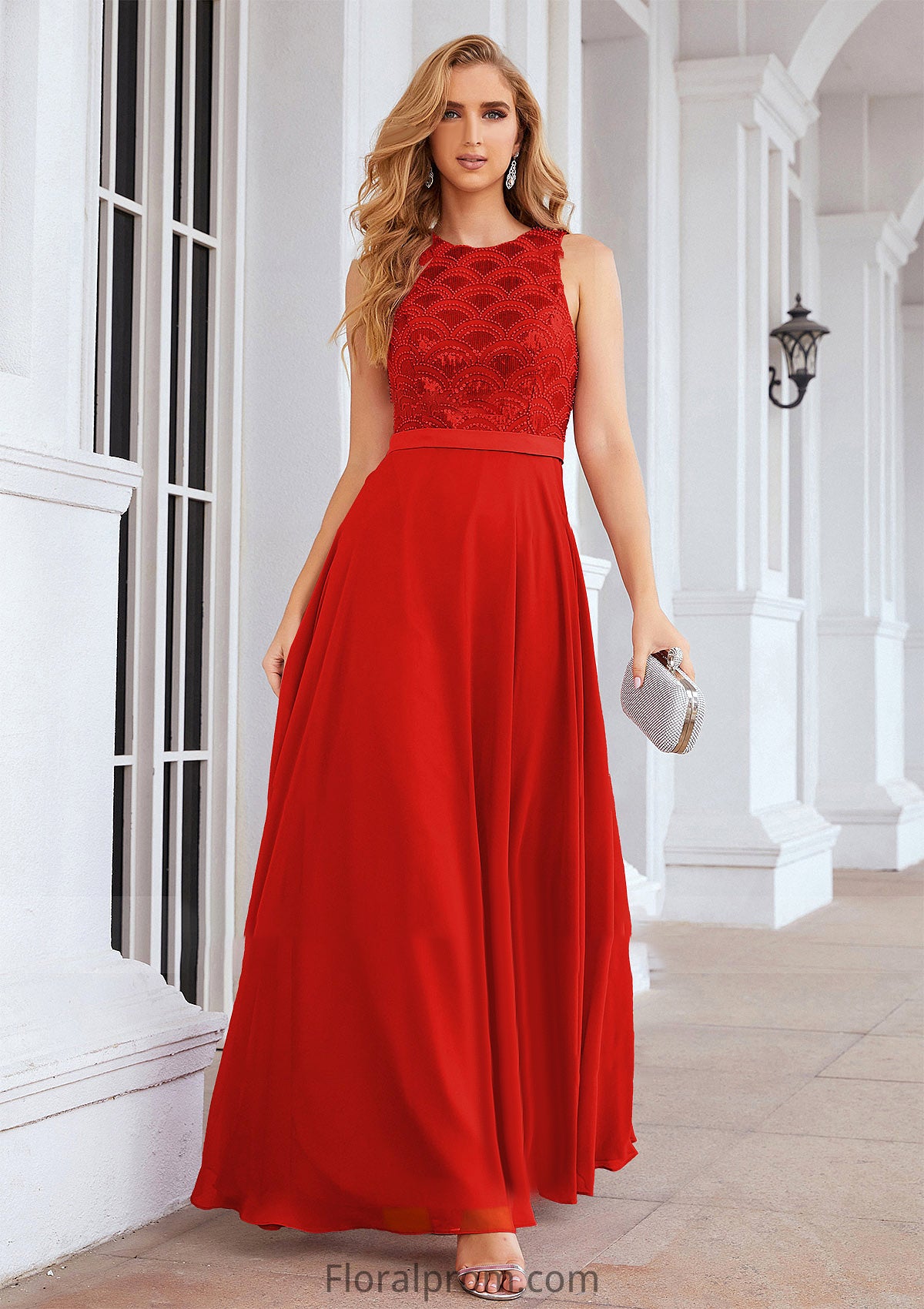 A-line Empire Scalloped Neck Sleeveless Chiffon Long/Floor-Length Bridesmaid Dresses With Beading Sequins Giovanna HJP0025392