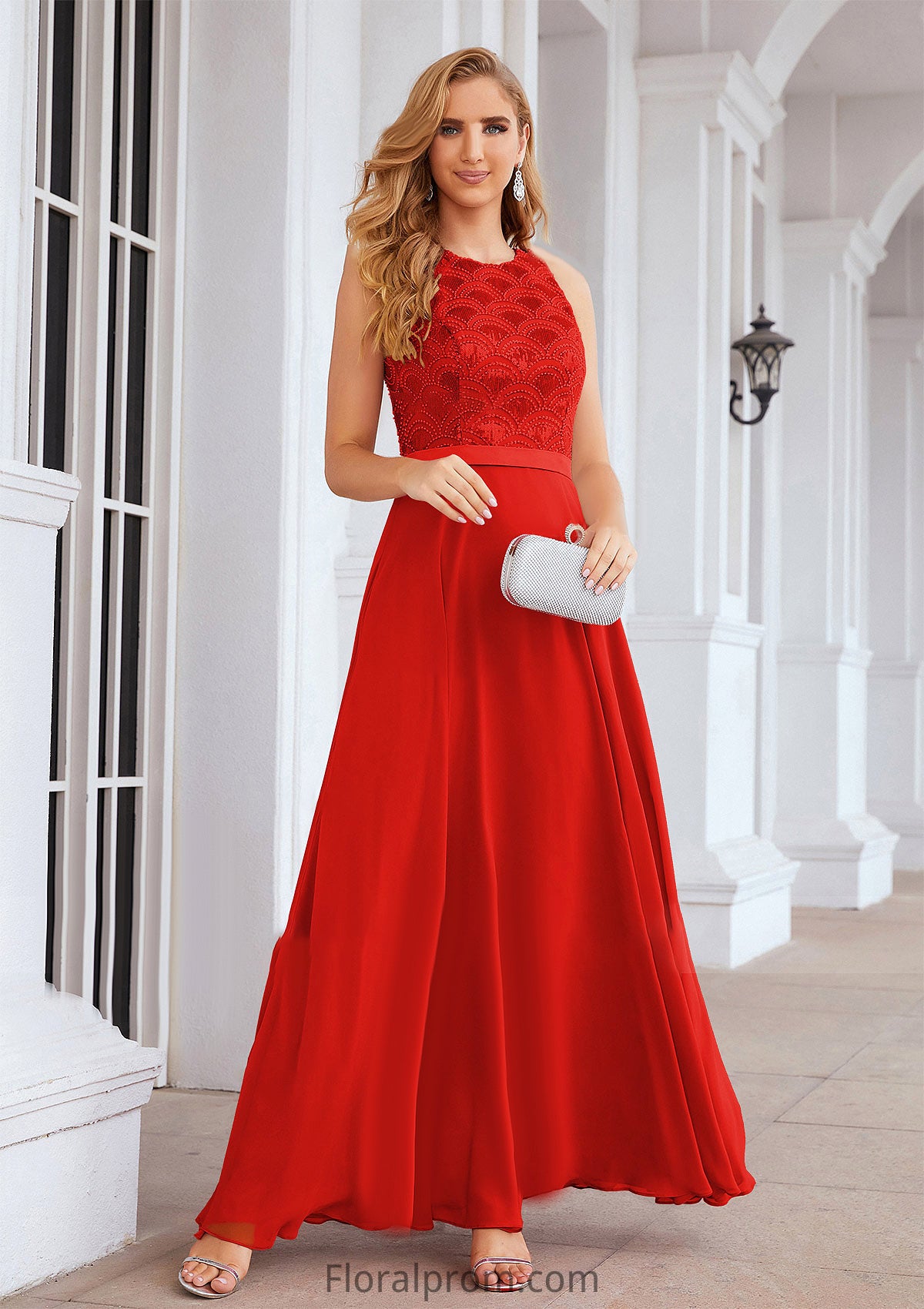 A-line Empire Scalloped Neck Sleeveless Chiffon Long/Floor-Length Bridesmaid Dresses With Beading Sequins Giovanna HJP0025392