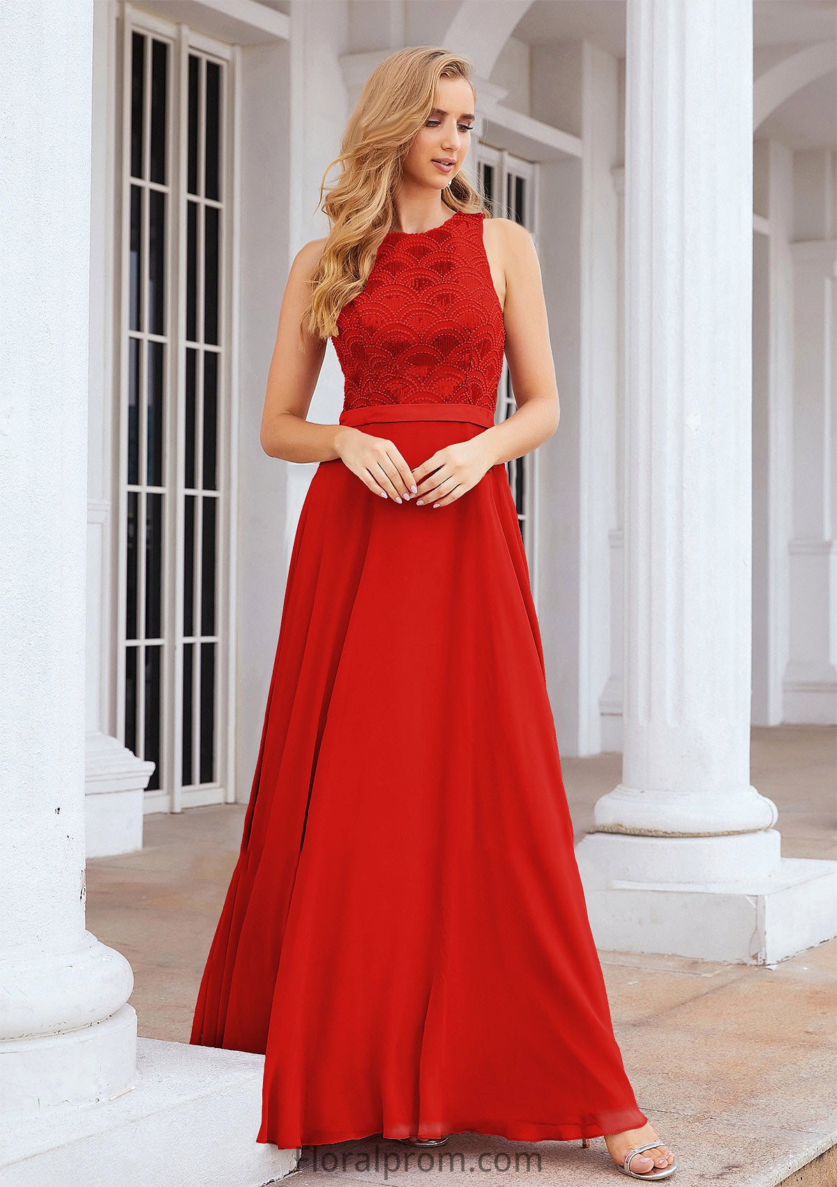 A-line Empire Scalloped Neck Sleeveless Chiffon Long/Floor-Length Bridesmaid Dresses With Beading Sequins Giovanna HJP0025392