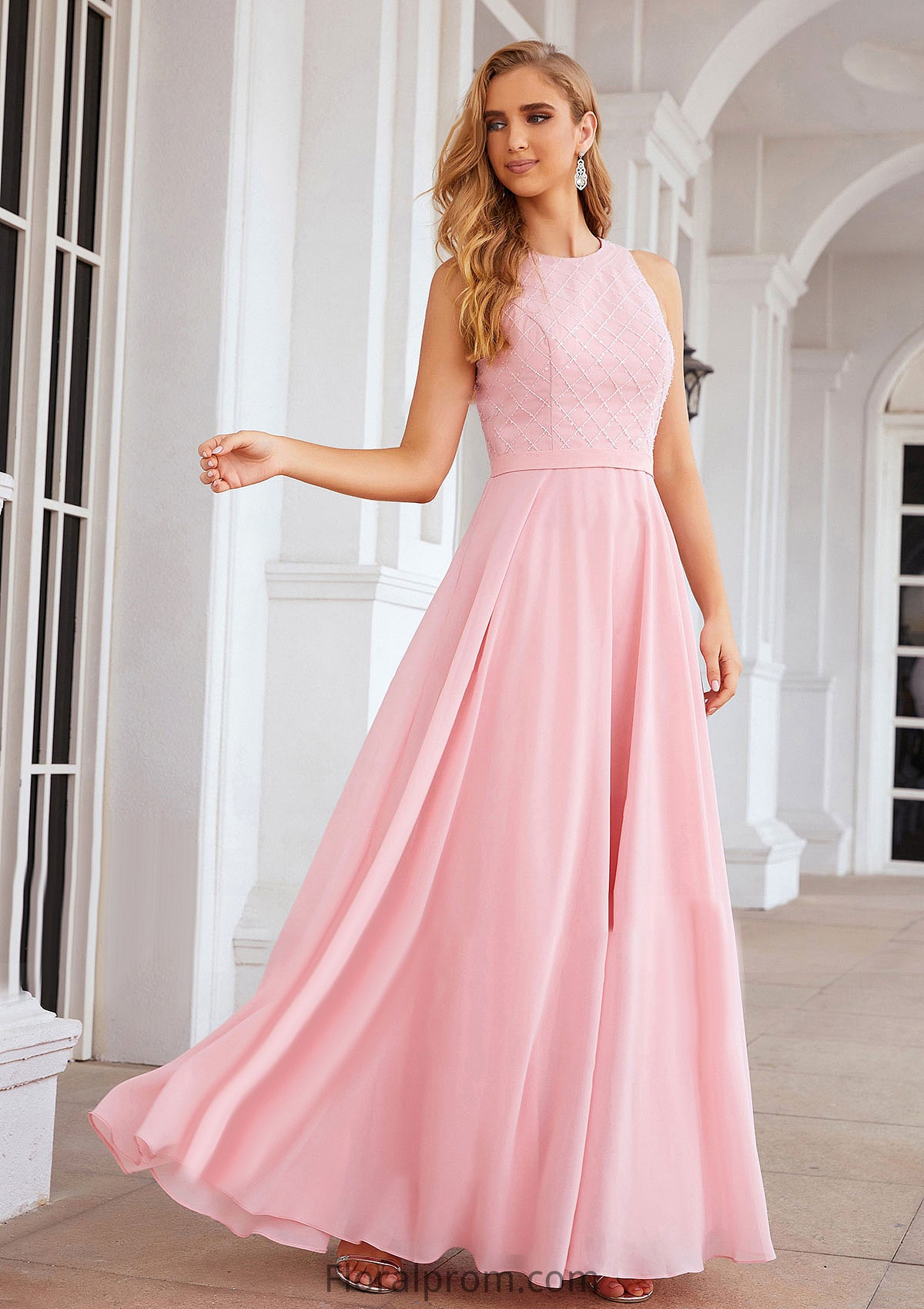 A-line Scalloped Neck Sleeveless Chiffon Long/Floor-Length Bridesmaid Dresses With Beading Ellie HJP0025393