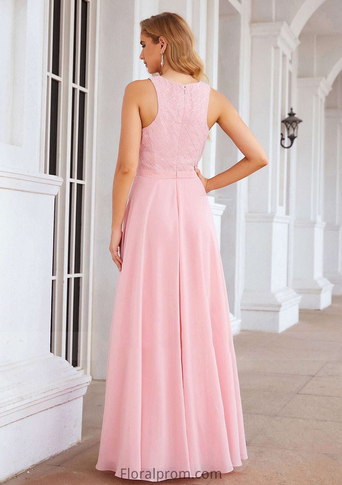 A-line Scalloped Neck Sleeveless Chiffon Long/Floor-Length Bridesmaid Dresses With Beading Ellie HJP0025393