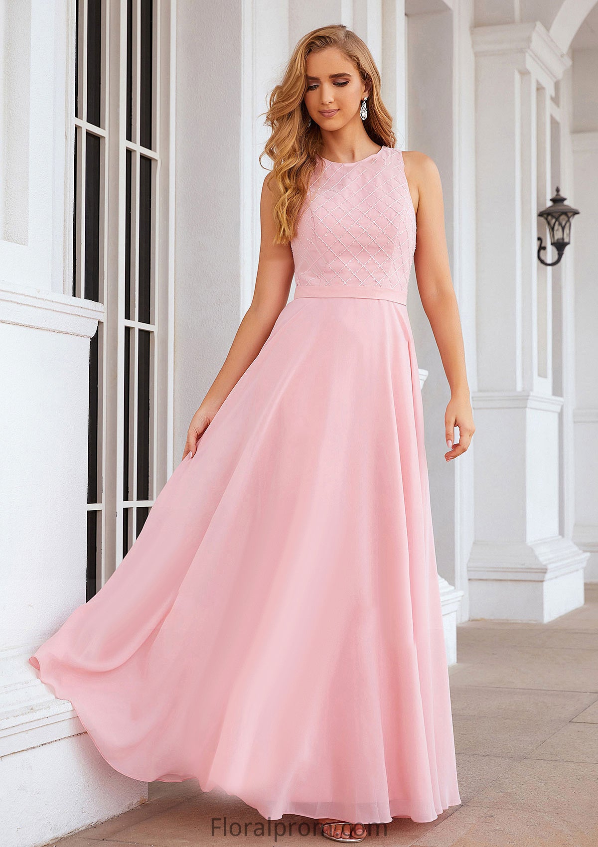 A-line Scalloped Neck Sleeveless Chiffon Long/Floor-Length Bridesmaid Dresses With Beading Ellie HJP0025393