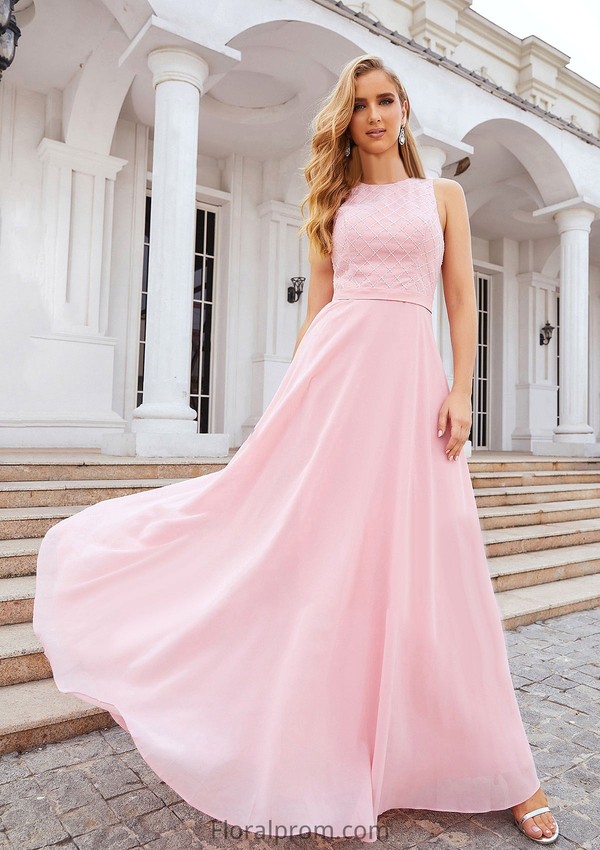 A-line Scalloped Neck Sleeveless Chiffon Long/Floor-Length Bridesmaid Dresses With Beading Ellie HJP0025393