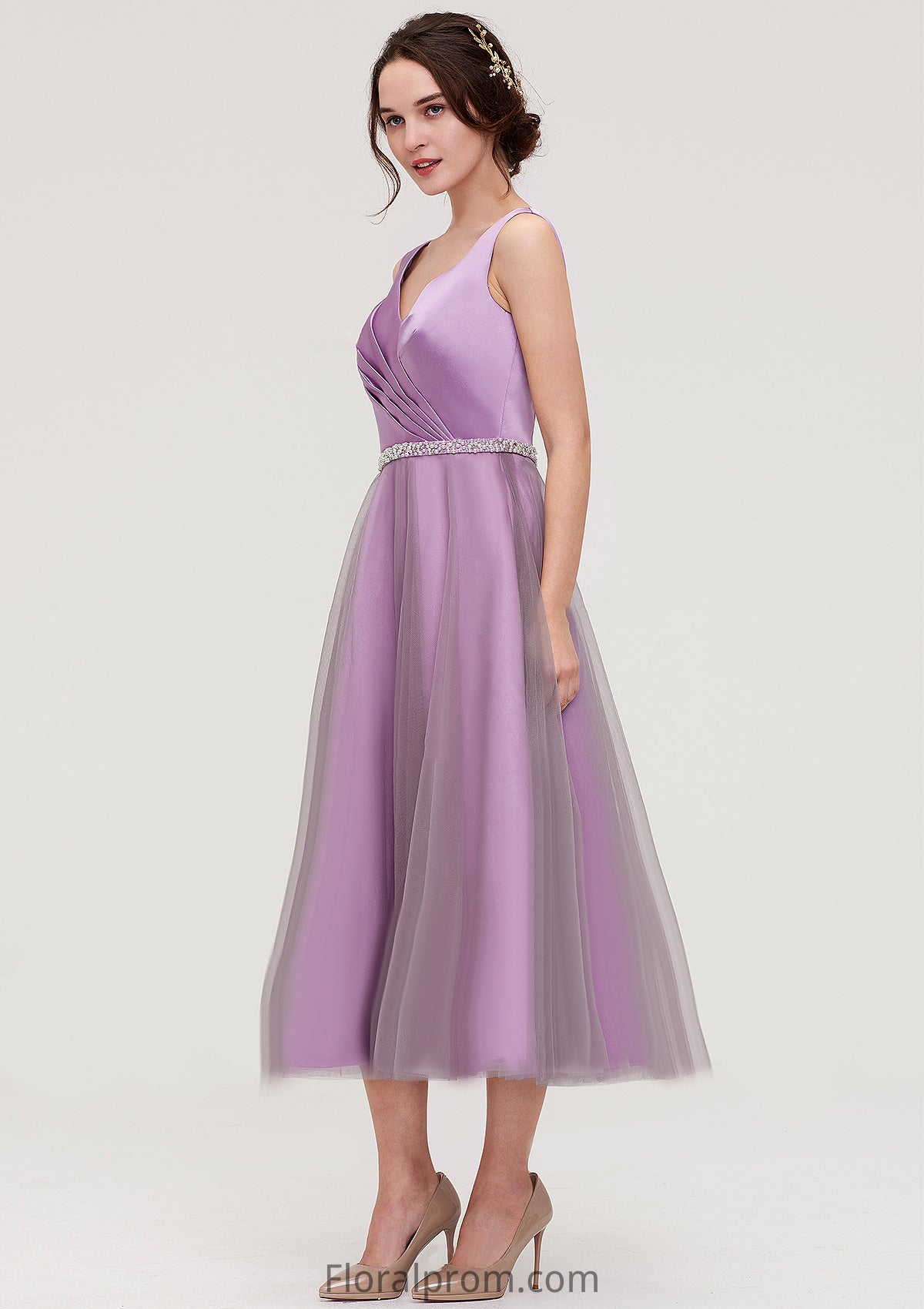 V Neck Sleeveless Tulle Tea-Length A-line/Princess Bridesmaid Dresses With Waistband Beading Pleated Daniela HJP0025395