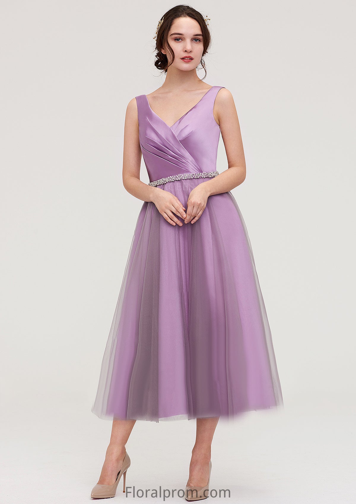 V Neck Sleeveless Tulle Tea-Length A-line/Princess Bridesmaid Dresses With Waistband Beading Pleated Daniela HJP0025395