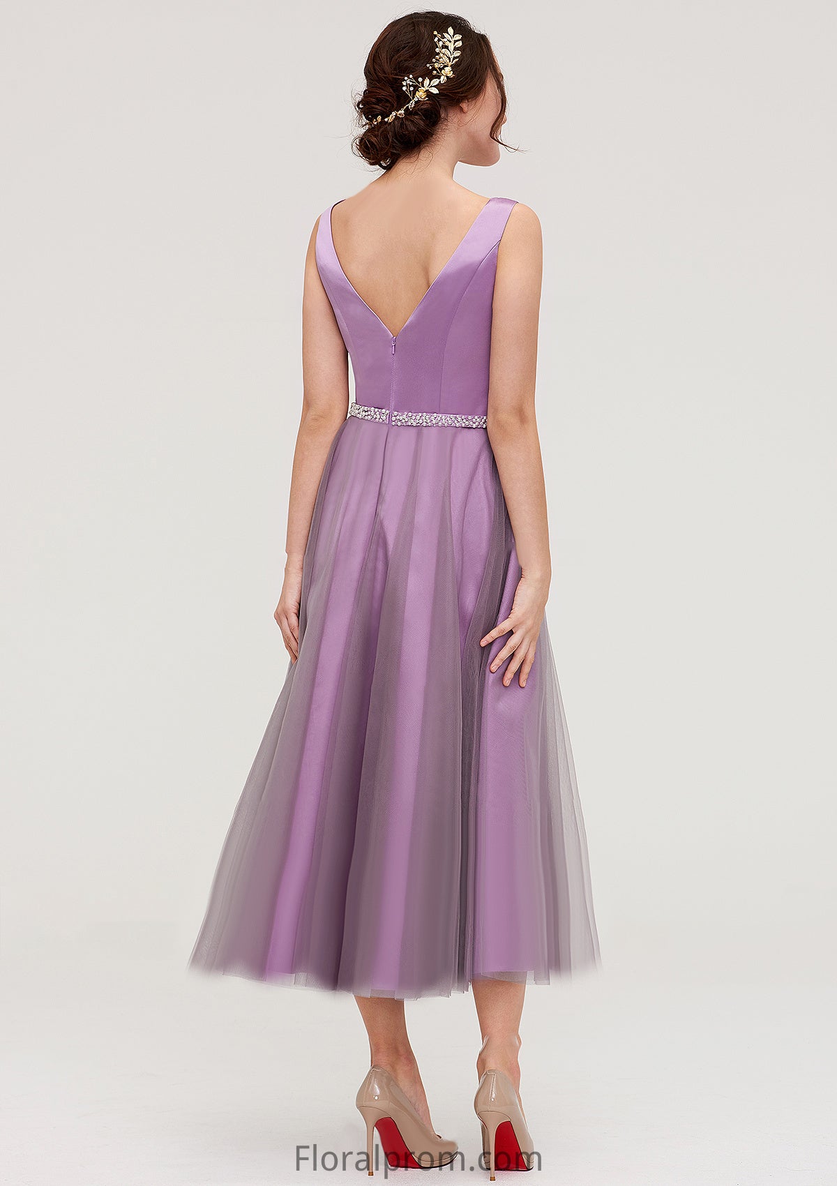 V Neck Sleeveless Tulle Tea-Length A-line/Princess Bridesmaid Dresses With Waistband Beading Pleated Daniela HJP0025395