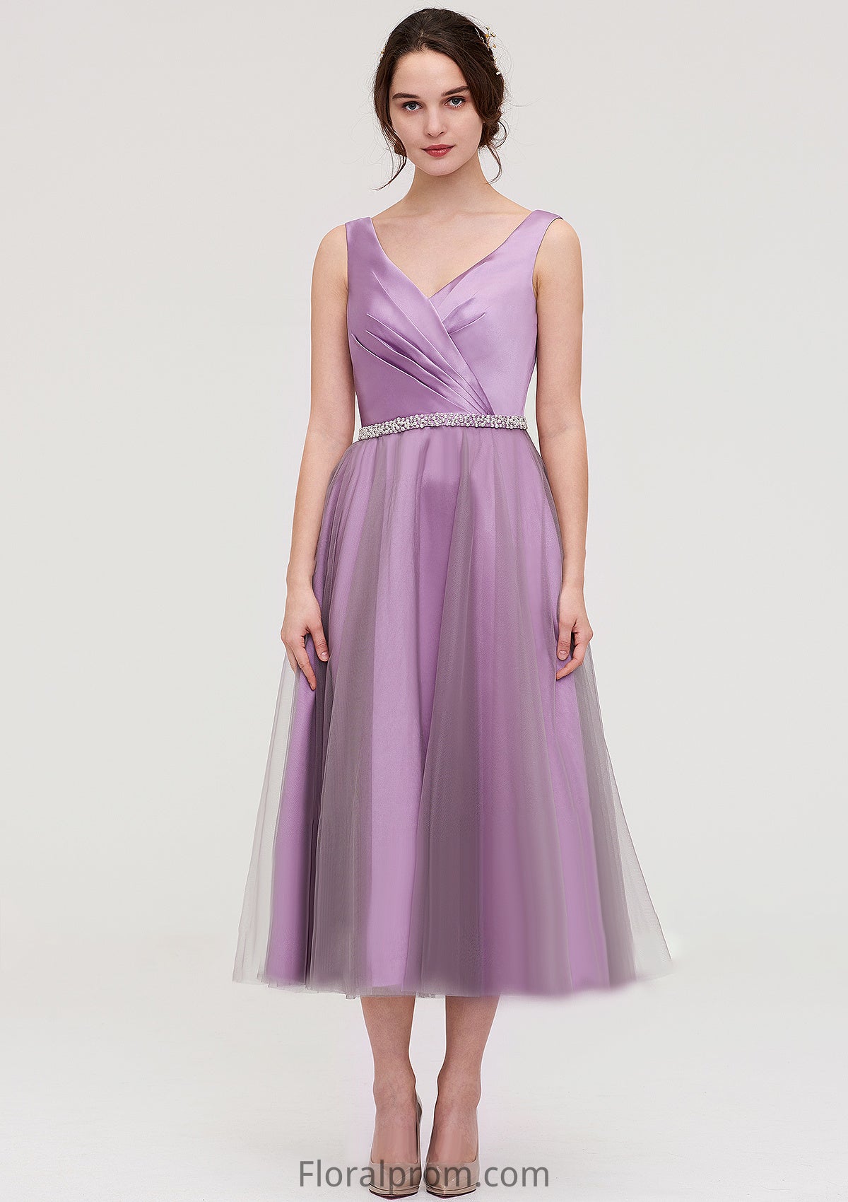 V Neck Sleeveless Tulle Tea-Length A-line/Princess Bridesmaid Dresses With Waistband Beading Pleated Daniela HJP0025395