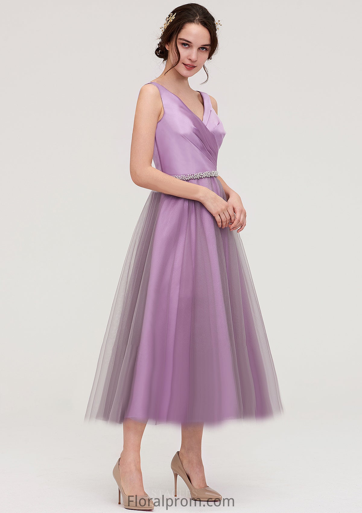 V Neck Sleeveless Tulle Tea-Length A-line/Princess Bridesmaid Dresses With Waistband Beading Pleated Daniela HJP0025395