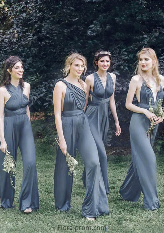 Jumpsuit/Pantsuit Sleeveless Long/Floor-Length Jersey Bridesmaid Dresses With Pleated Rosemary HJP0025397