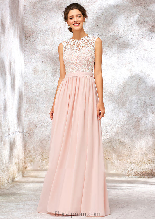 Scoop Neck Sleeveless Long/Floor-Length Chiffon A-line/Princess Bridesmaid Dresses With Lace Pauline HJP0025398