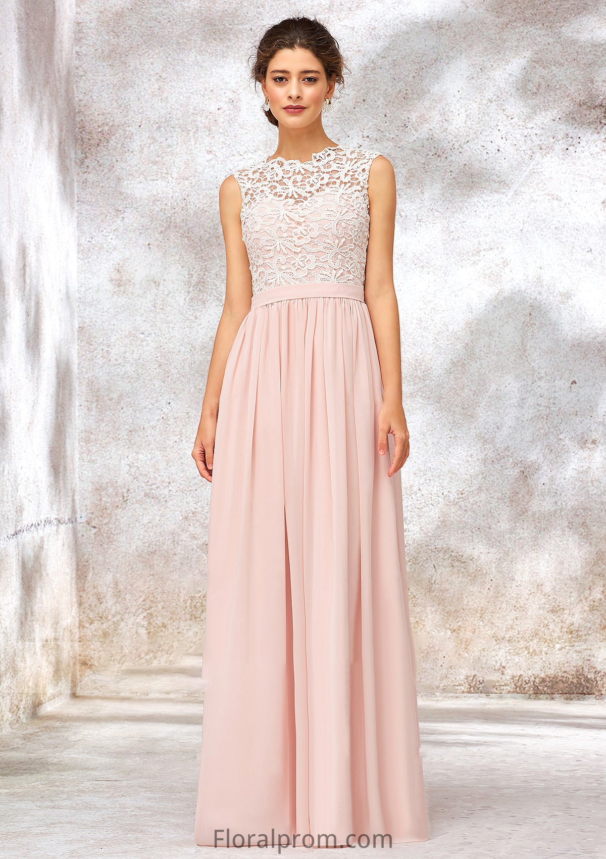 Scoop Neck Sleeveless Long/Floor-Length Chiffon A-line/Princess Bridesmaid Dresses With Lace Pauline HJP0025398