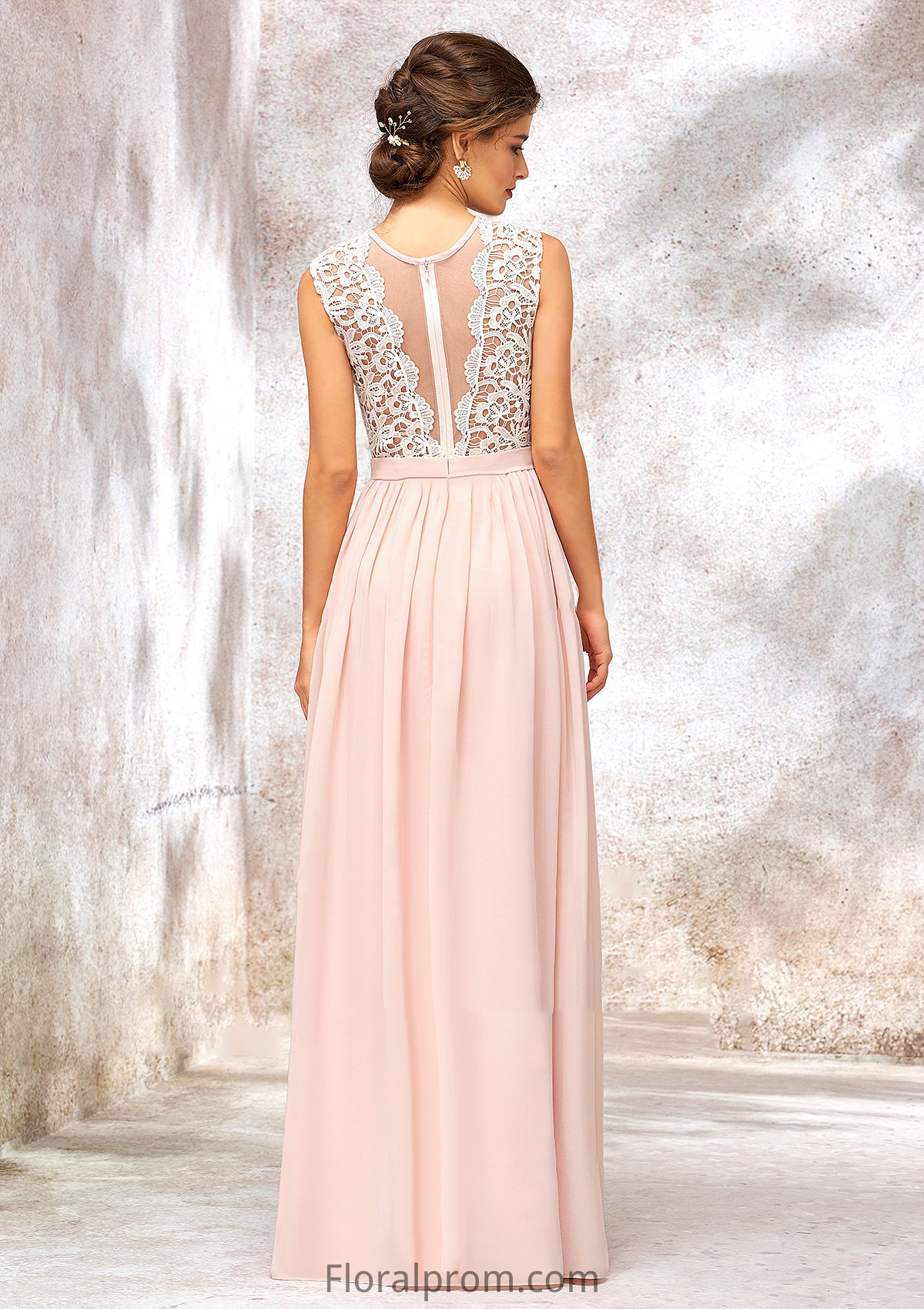 Scoop Neck Sleeveless Long/Floor-Length Chiffon A-line/Princess Bridesmaid Dresses With Lace Pauline HJP0025398