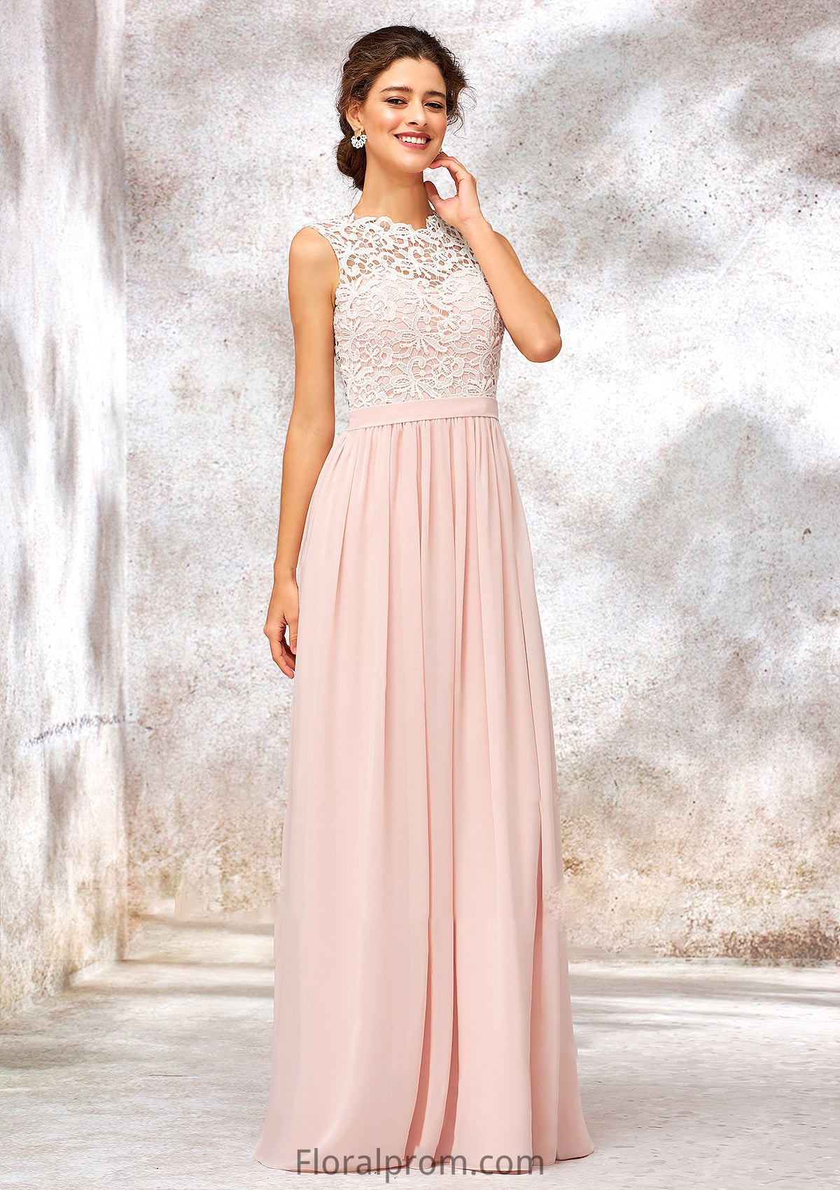 Scoop Neck Sleeveless Long/Floor-Length Chiffon A-line/Princess Bridesmaid Dresses With Lace Pauline HJP0025398