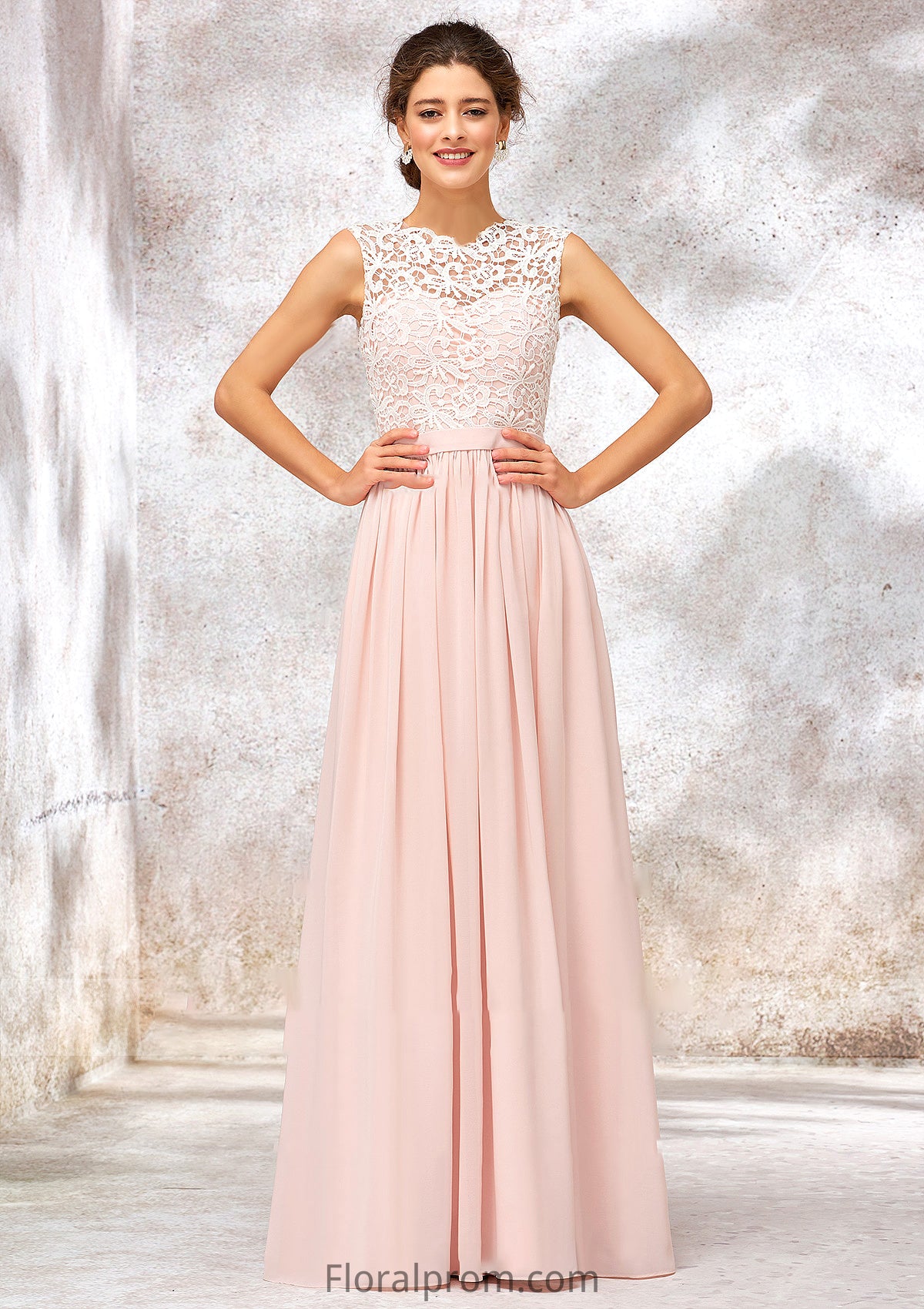 Scoop Neck Sleeveless Long/Floor-Length Chiffon A-line/Princess Bridesmaid Dresses With Lace Pauline HJP0025398