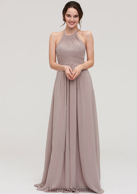 Scoop Neck Sleeveless A-line/Princess Chiffon Long/Floor-Length Bridesmaid Dresseses With Pleated Helga HJP0025399