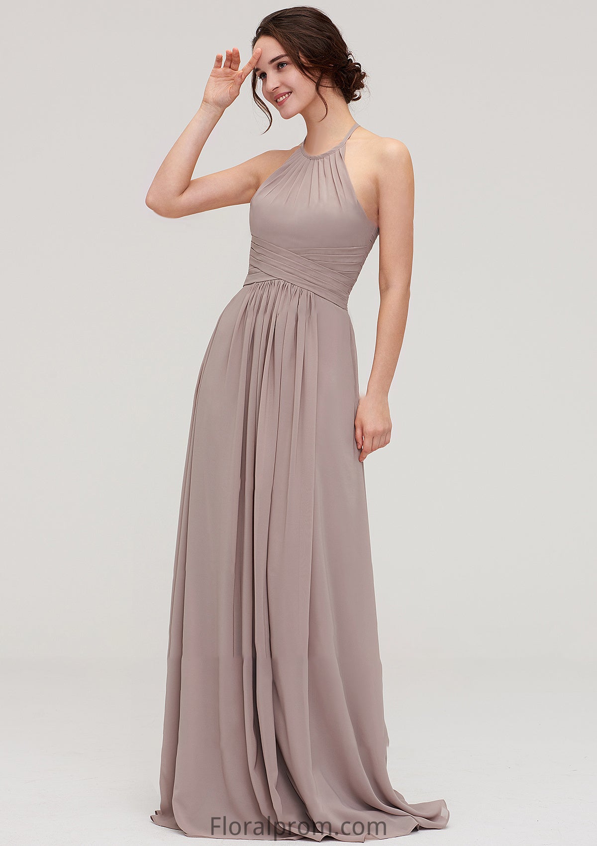 Scoop Neck Sleeveless A-line/Princess Chiffon Long/Floor-Length Bridesmaid Dresseses With Pleated Helga HJP0025399