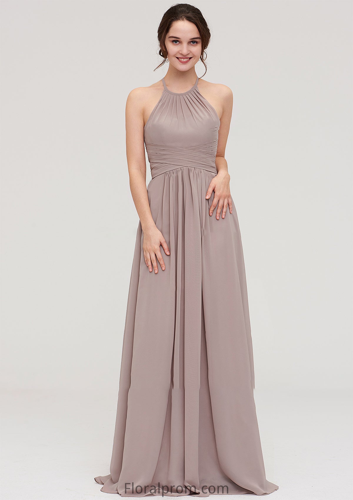 Scoop Neck Sleeveless A-line/Princess Chiffon Long/Floor-Length Bridesmaid Dresseses With Pleated Helga HJP0025399